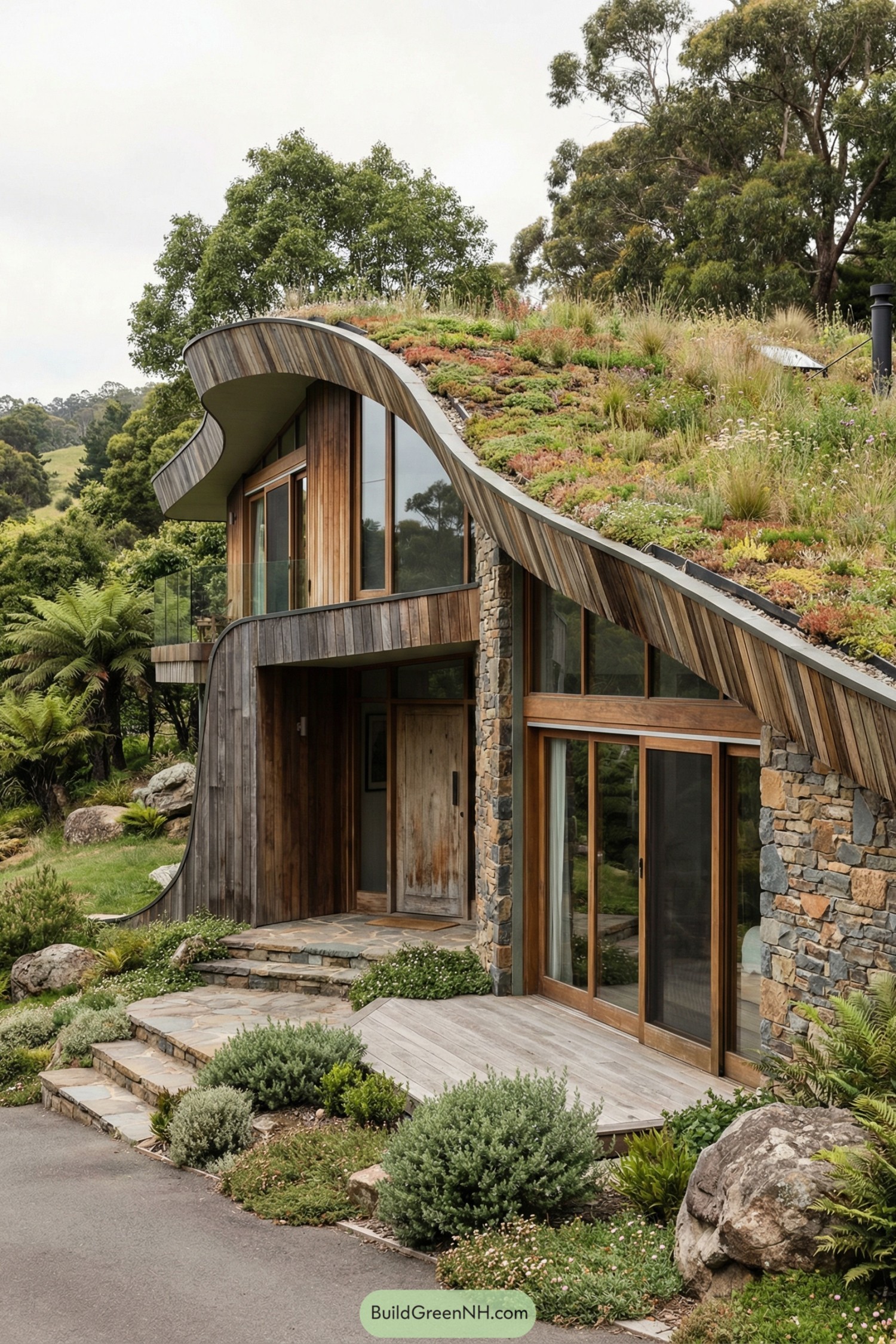 This image must inspire real exterior architecture of organic roof house exterior. Create a detailed description of organic roof house exterior and the environment, make the environment picture-worthy. If the given image shows specific architectural details, describe them concisely and accurately but realistically. Keep it formal and objective. Describe these elements in the order of priority: facade and style, colors, shape of the structure, materials of the building, roofing, windows, doors, outdoor structures leading to and around the building, landscaping, surrounding environment, setting and scene. Do not refer to the image itself, go straight to the subject. Do not write about the function of the elements, write only about their appearance, provide details of each element. If there is text overlay in the image, ignore it. If there's a house plan in the image, ignore it. If the image is a collage, use the first image only. Ignore people and animals. If the image shows aerial view of the house, be sure to mention that it as an aerial view image. Example (follow this format strictly but use details to describe it accurately): high-res photo of organic roof house exterior, facade, materials, colors, windows style, roof style, door style, outdoor area, landscaping, surrounding background. If you cannot make organic roof house exterior exterior architecture from the given image, create a new idea based on general vibe of the image. Keep the overall image aesthetically stunning but realistic. Include style keywords at the end: single real-life photo, high-resolution, architectural photography, soft lighting, cinematic composition, strictly no collages.