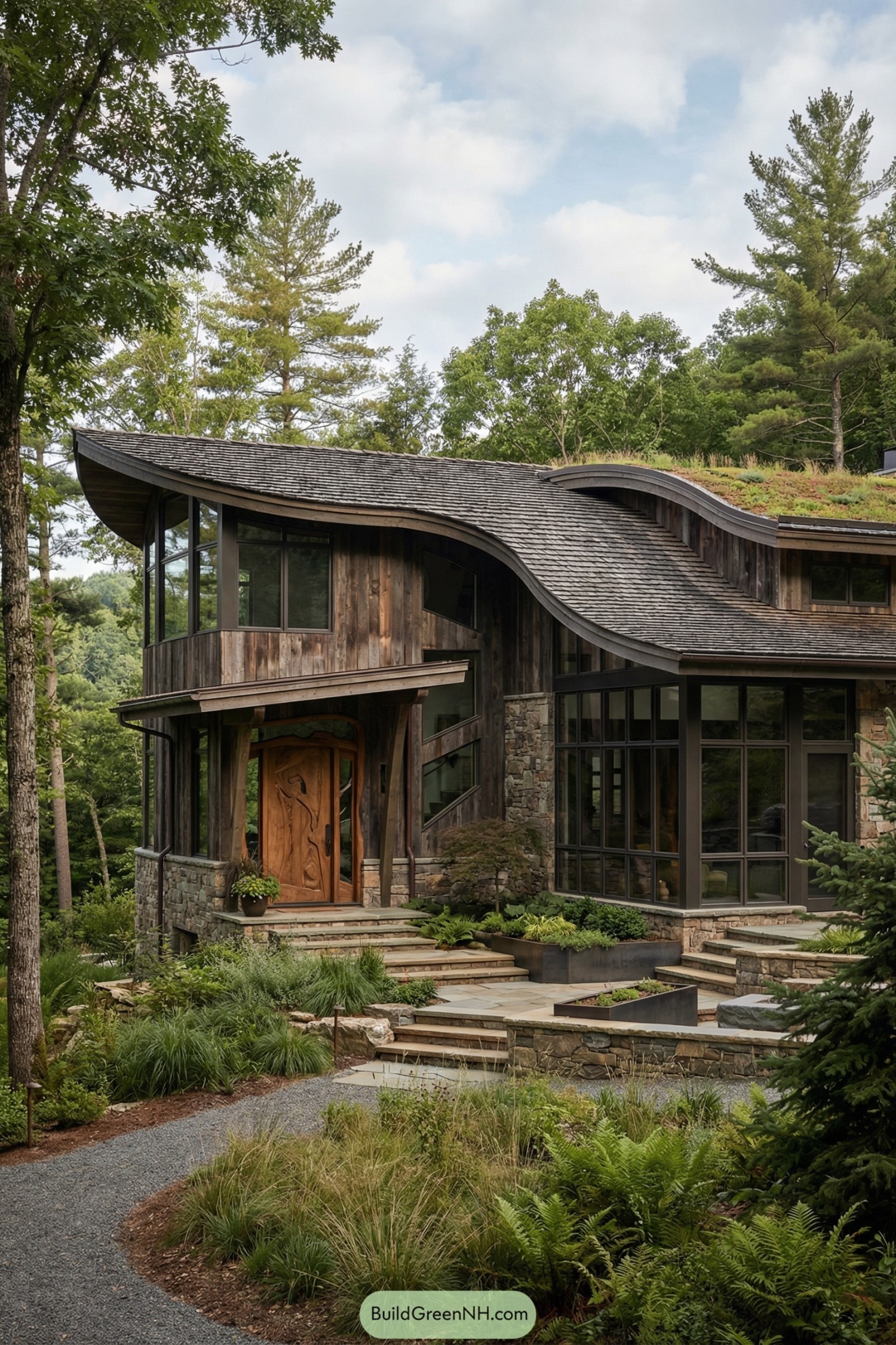 Curved green roof house nestled in forest