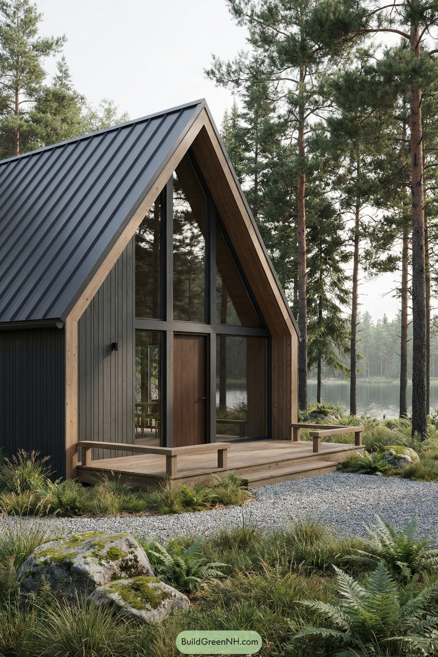Modern black A-frame cabin with large windows and wood porch in a lakeside forest