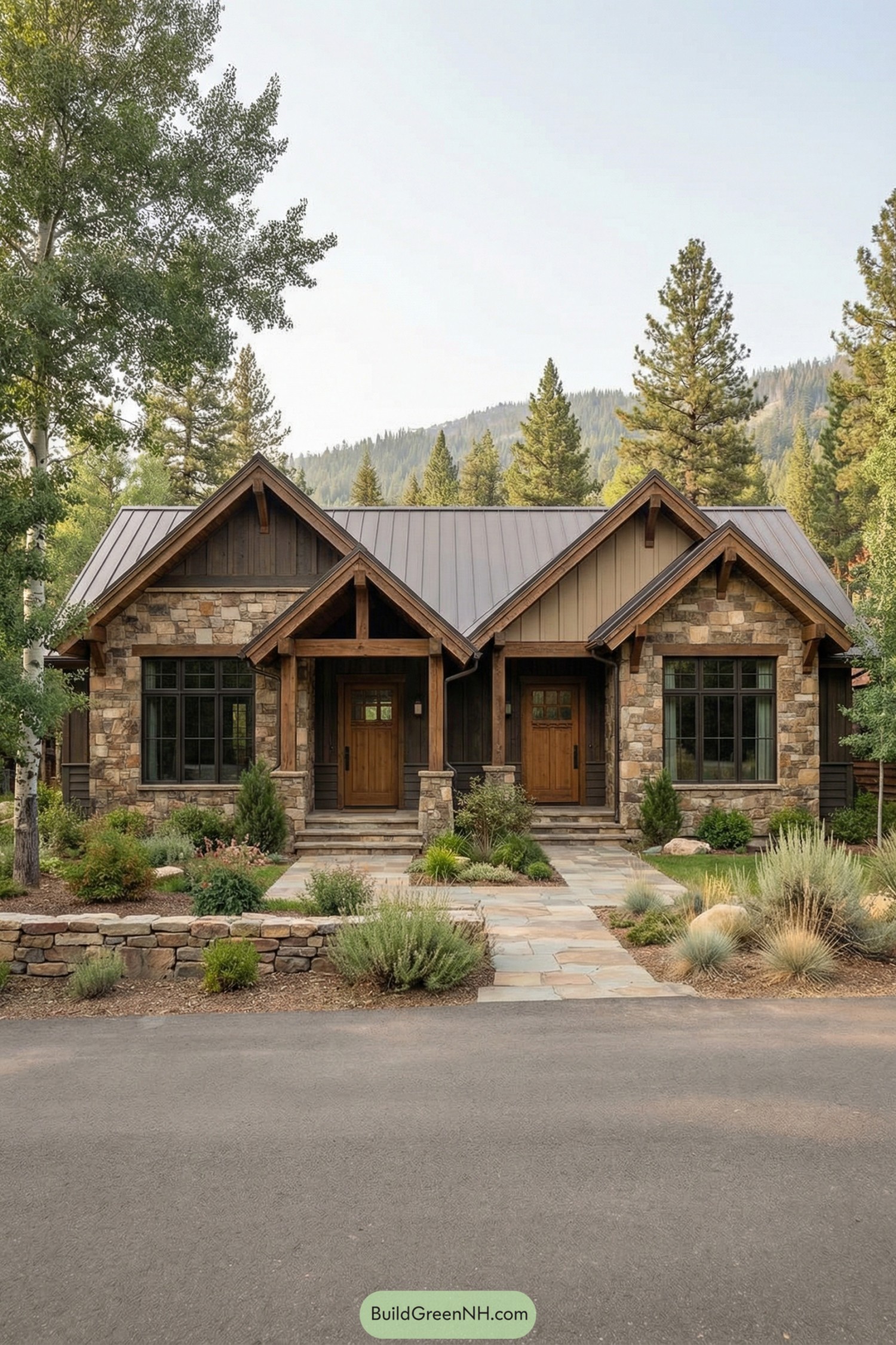 Stone and wood duplex cottage with mountain inspired landscaping and twin front entrances