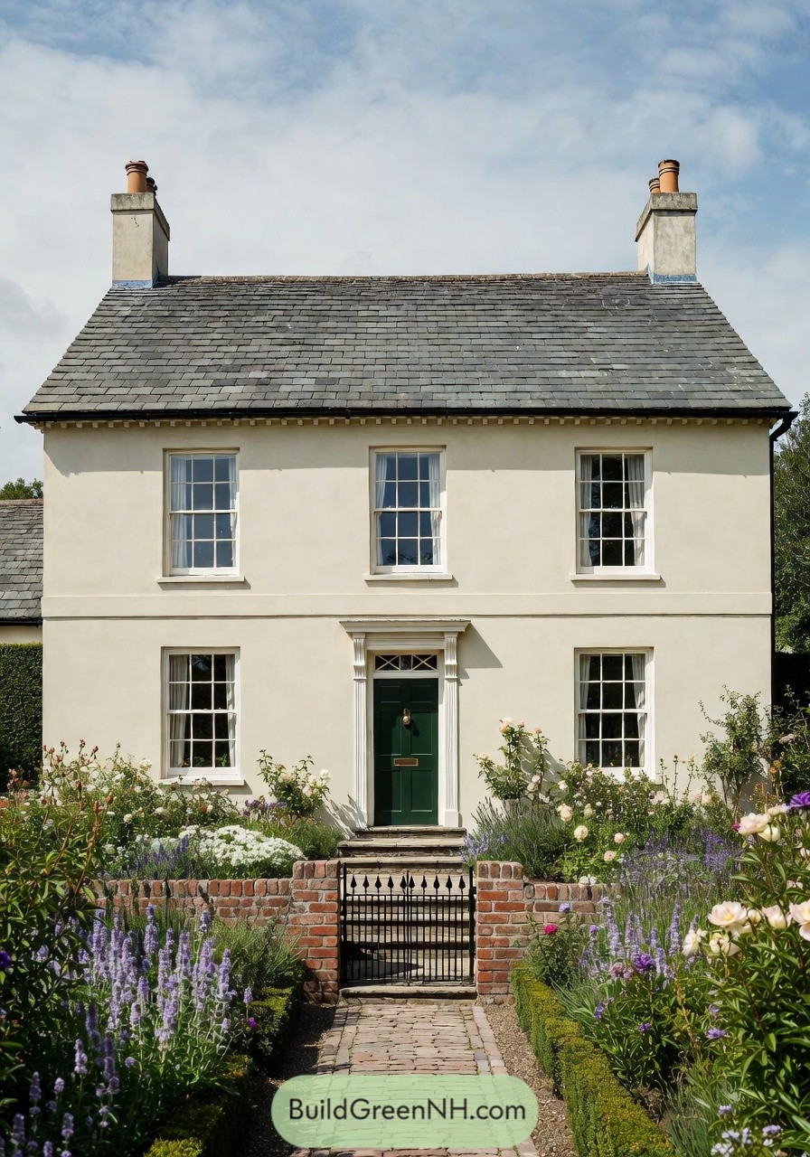 Creamy Georgian style cottage with green door and lush flower garden