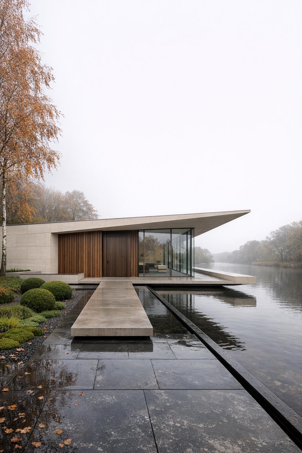 Minimalist waterfront house with cantilevered roof, glass walls, and stone walkway over reflective water