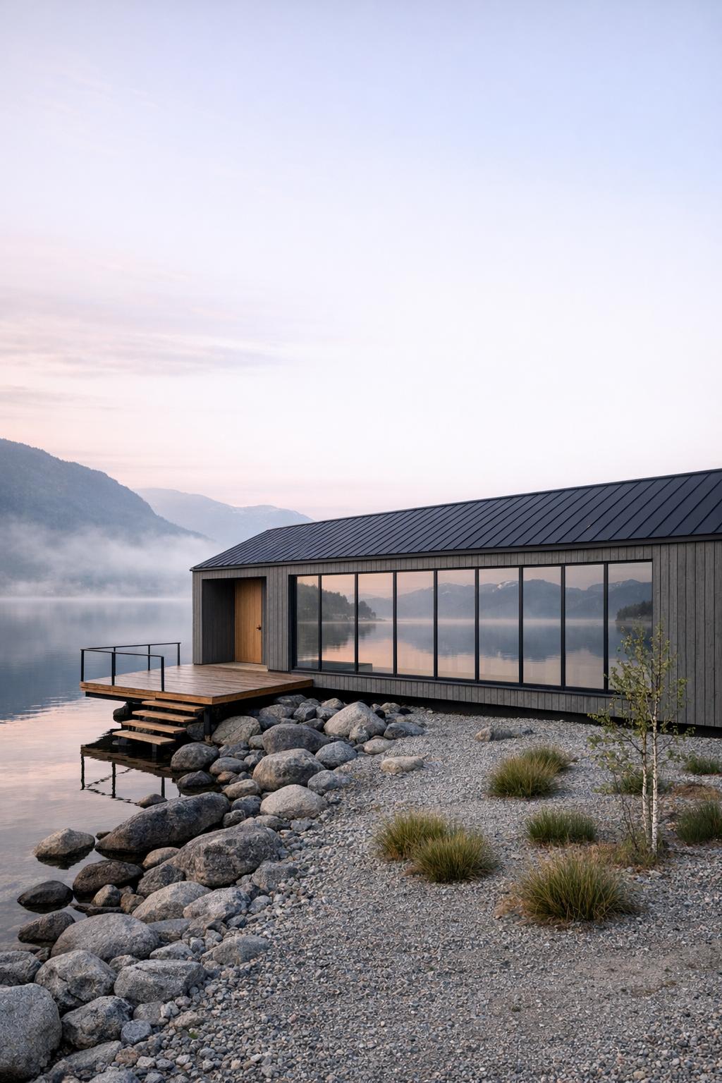 Modern grey cabin with large lakeside windows