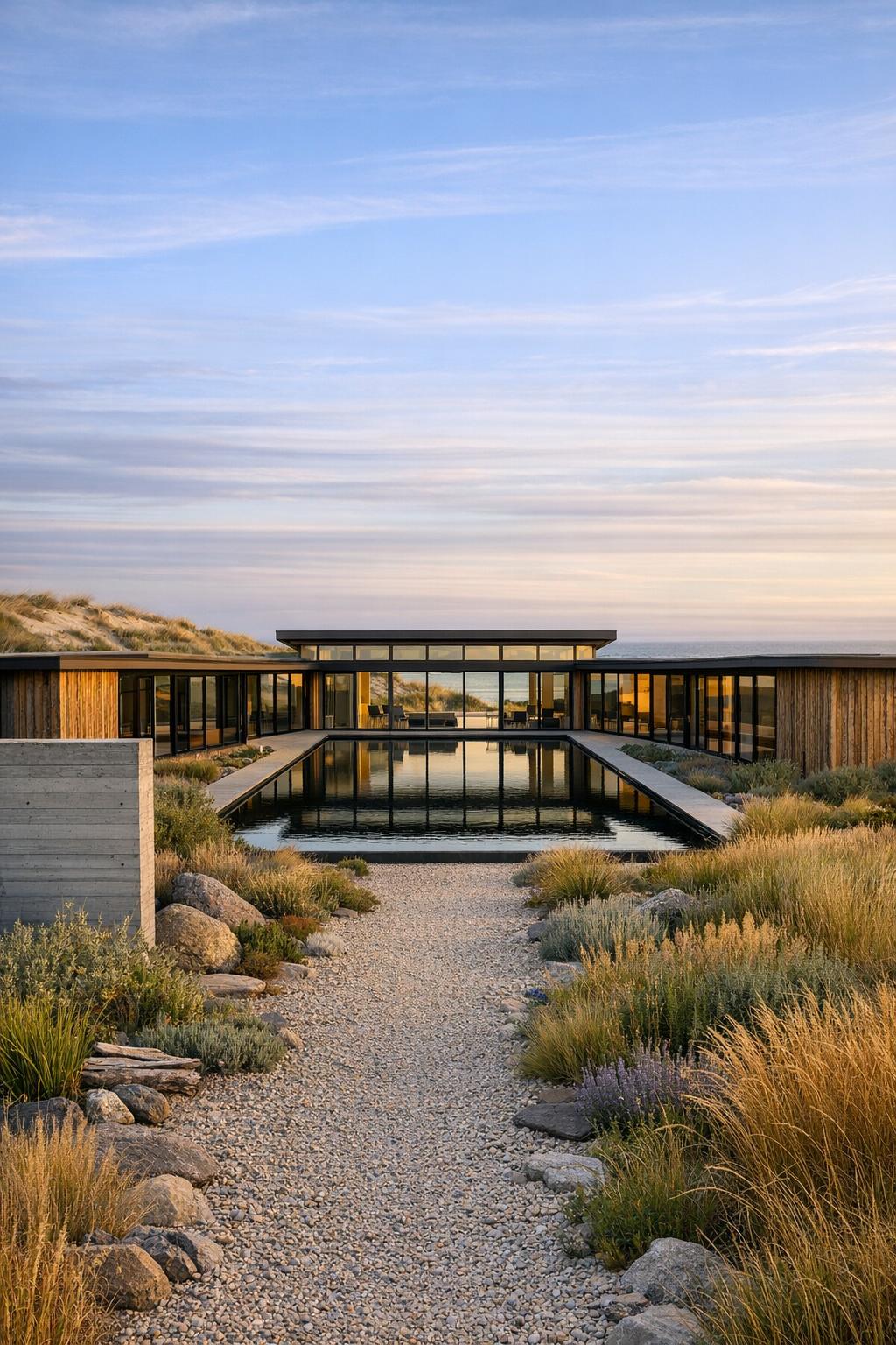 Modern low-profile house with wood siding and reflecting pool