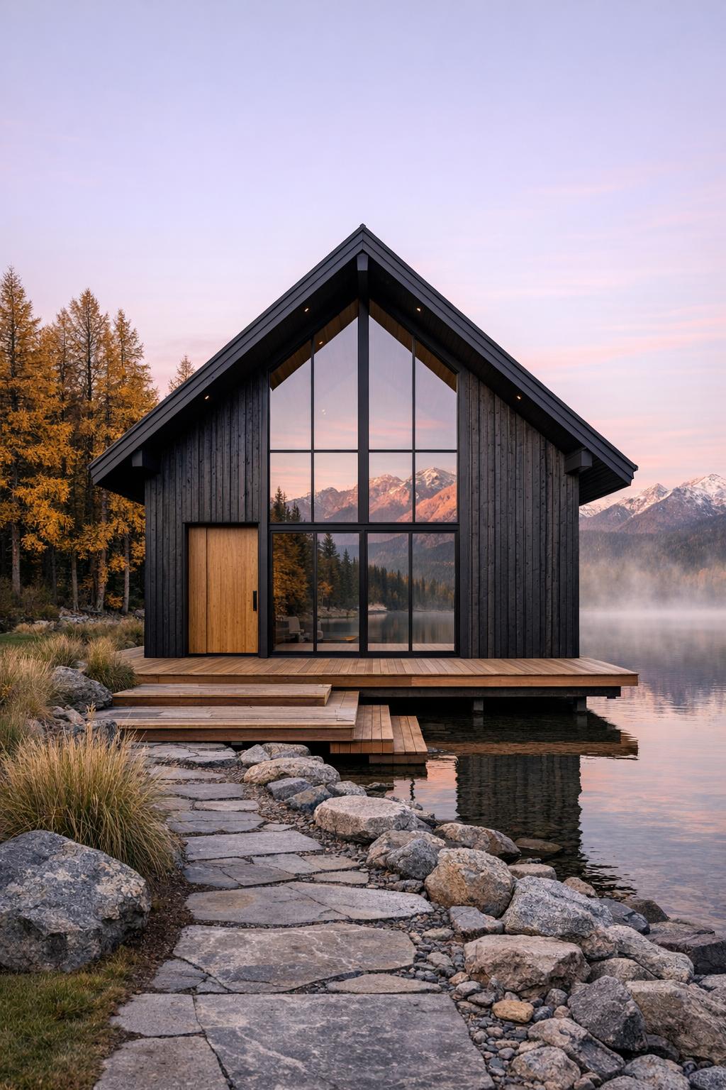 Modern black timber cabin with full height glass facing a calm lake and mountains