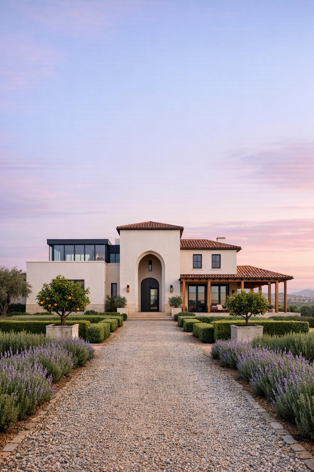 Modern Spanish villa with gravel path and formal garden