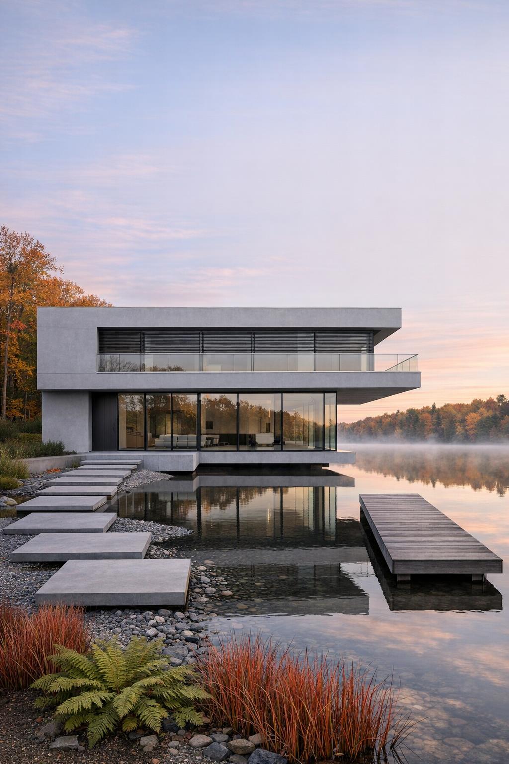 Minimalist lakeside house with cantilevered glass volumes and reflecting water