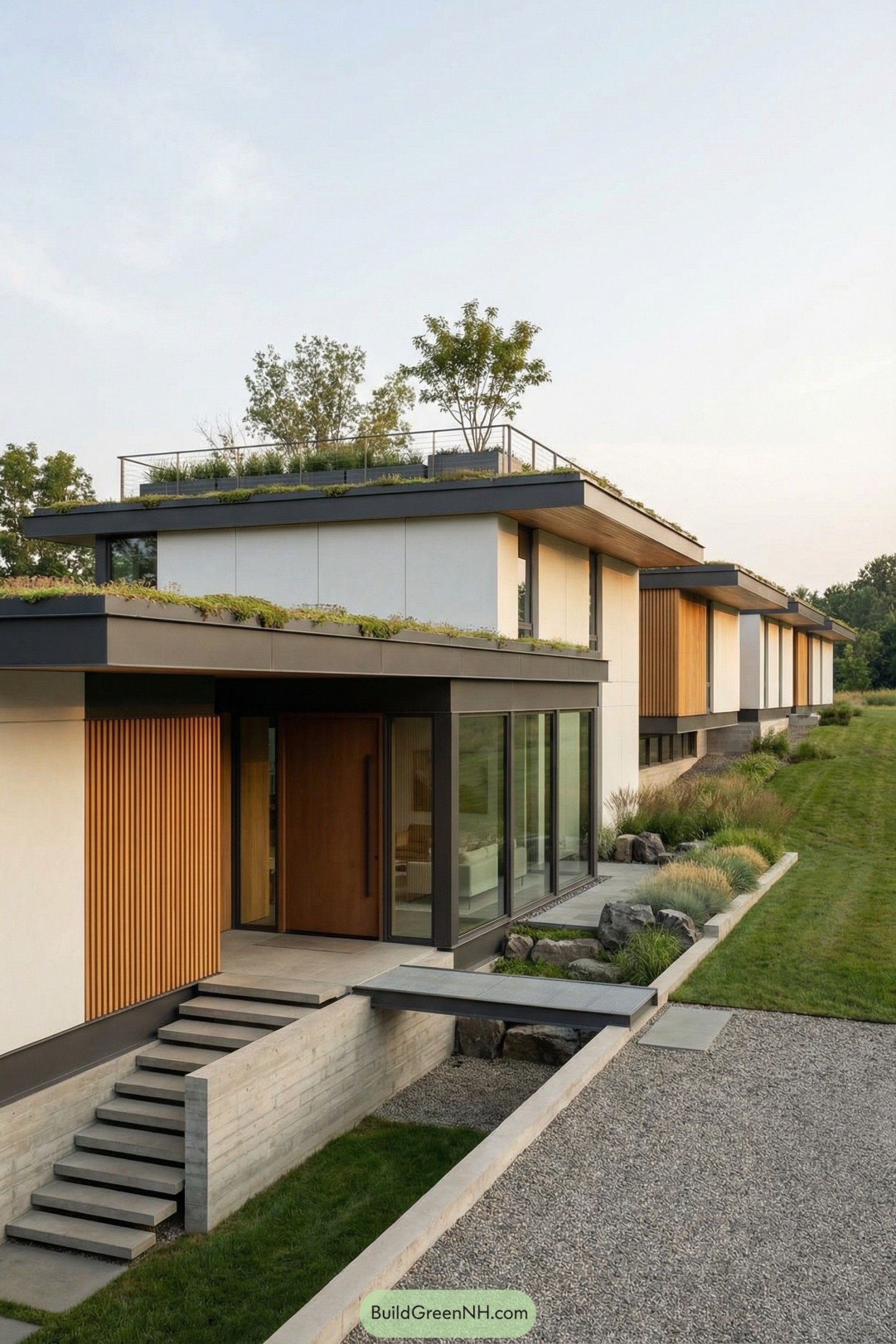 Modern flat roof home with layered green terraces and warm wood accents