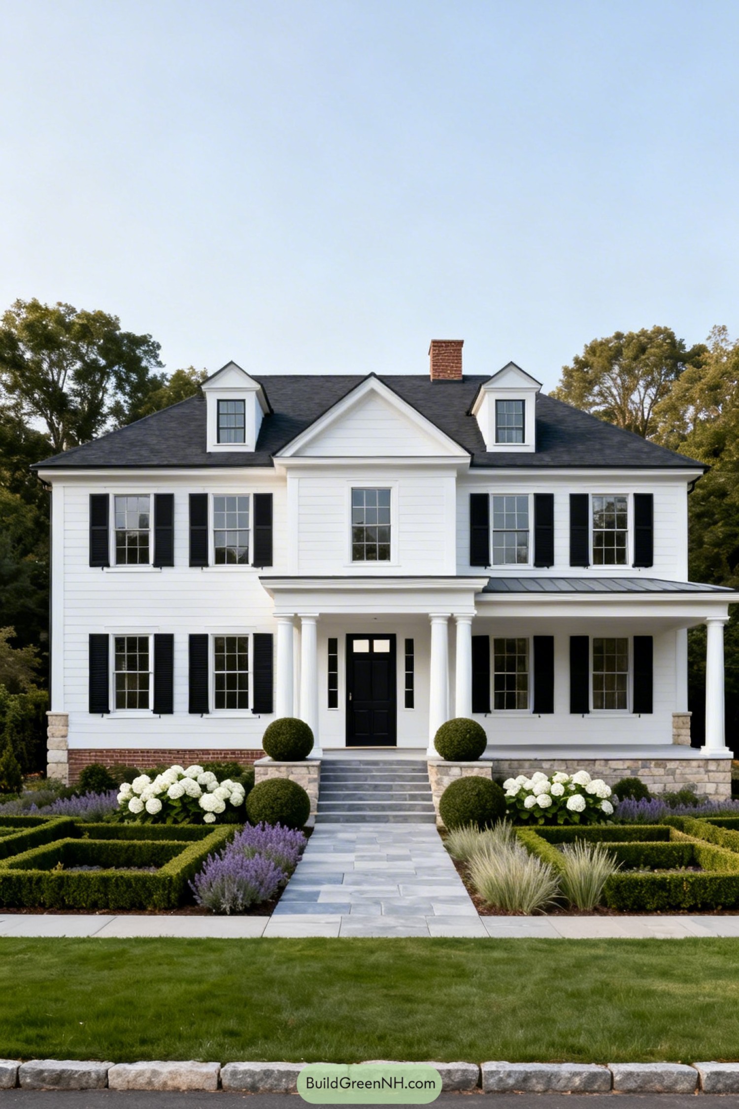 White colonial house with black shutters