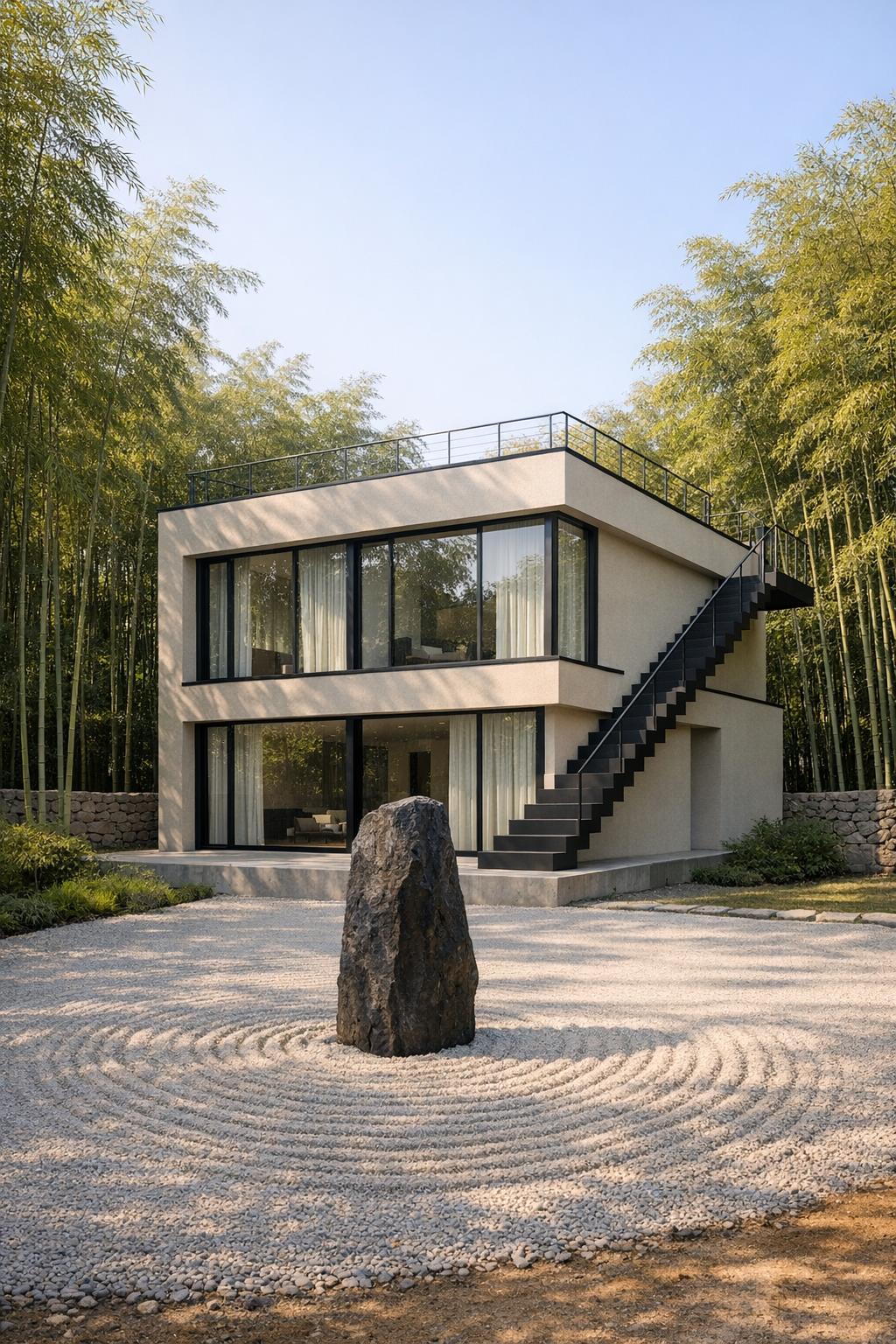 Minimalist two story house with rooftop terrace and Zen gravel garden