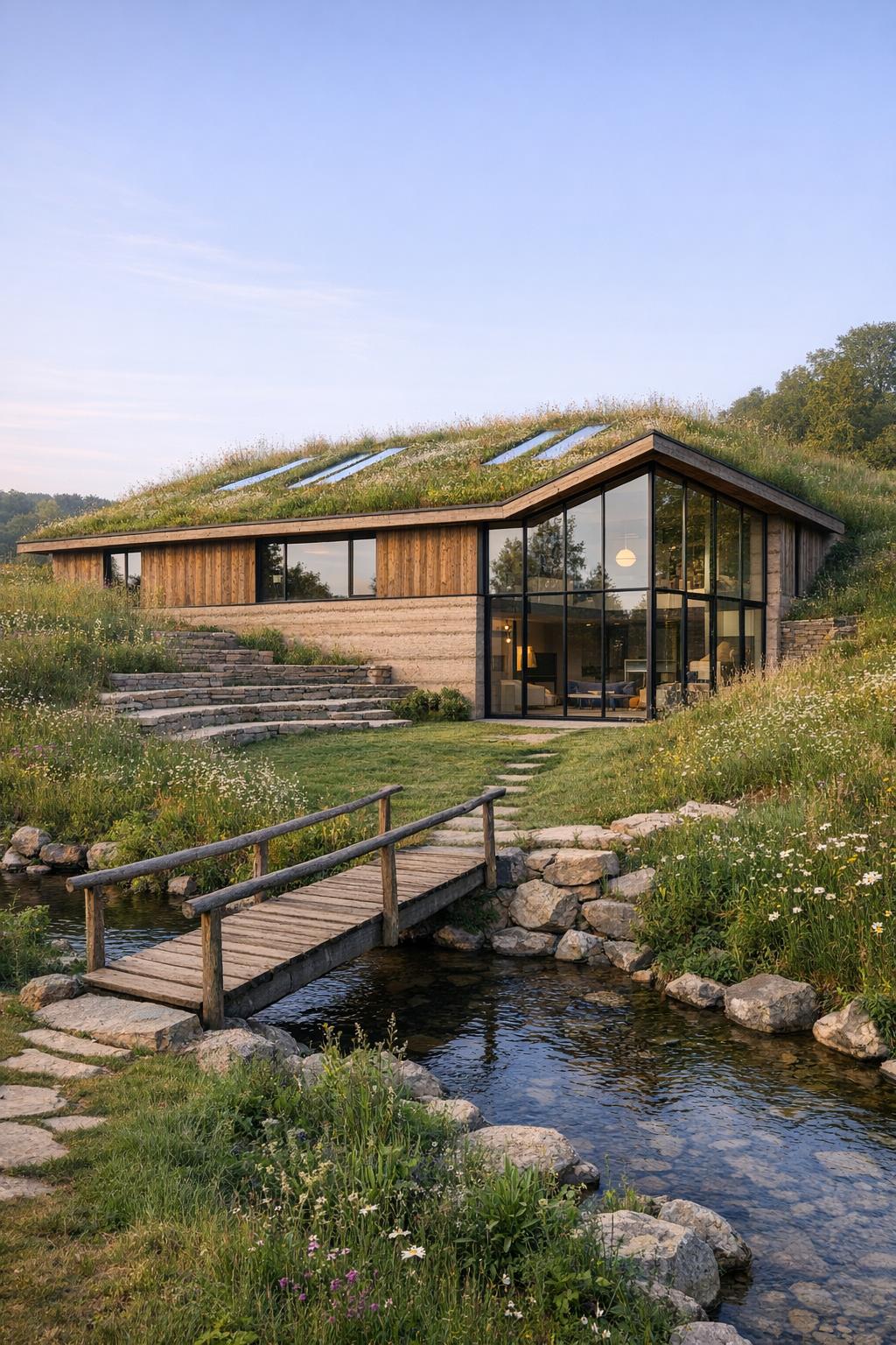 Modern grass roof house beside a creek
