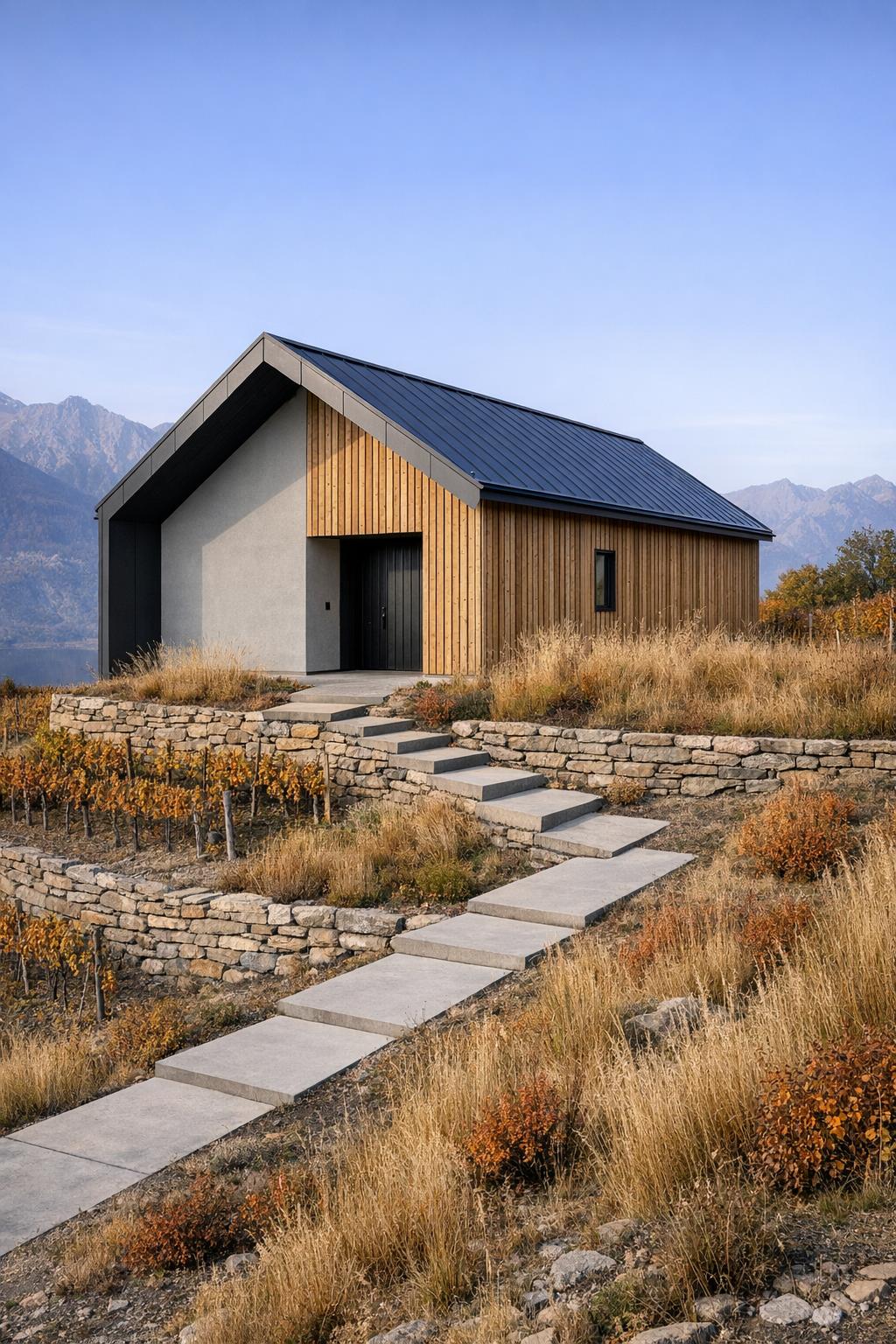 Entire cabin visible a Scandinavian modern cabin with a broad gable roof in dark zinc facade combining light gray plaster and vertical spruce