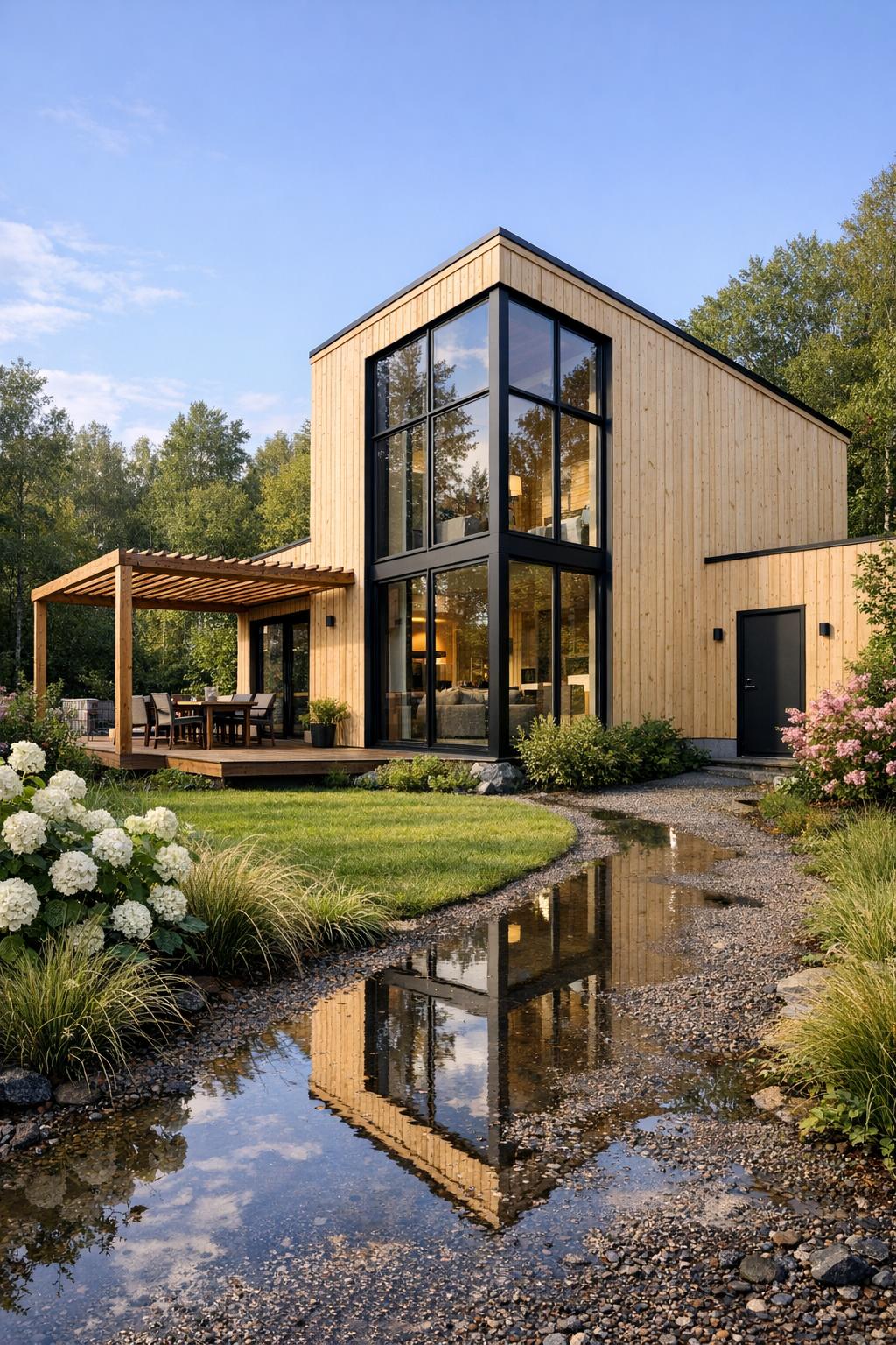 Modern timber cabin with tall black framed glazing overlooking a landscaped garden