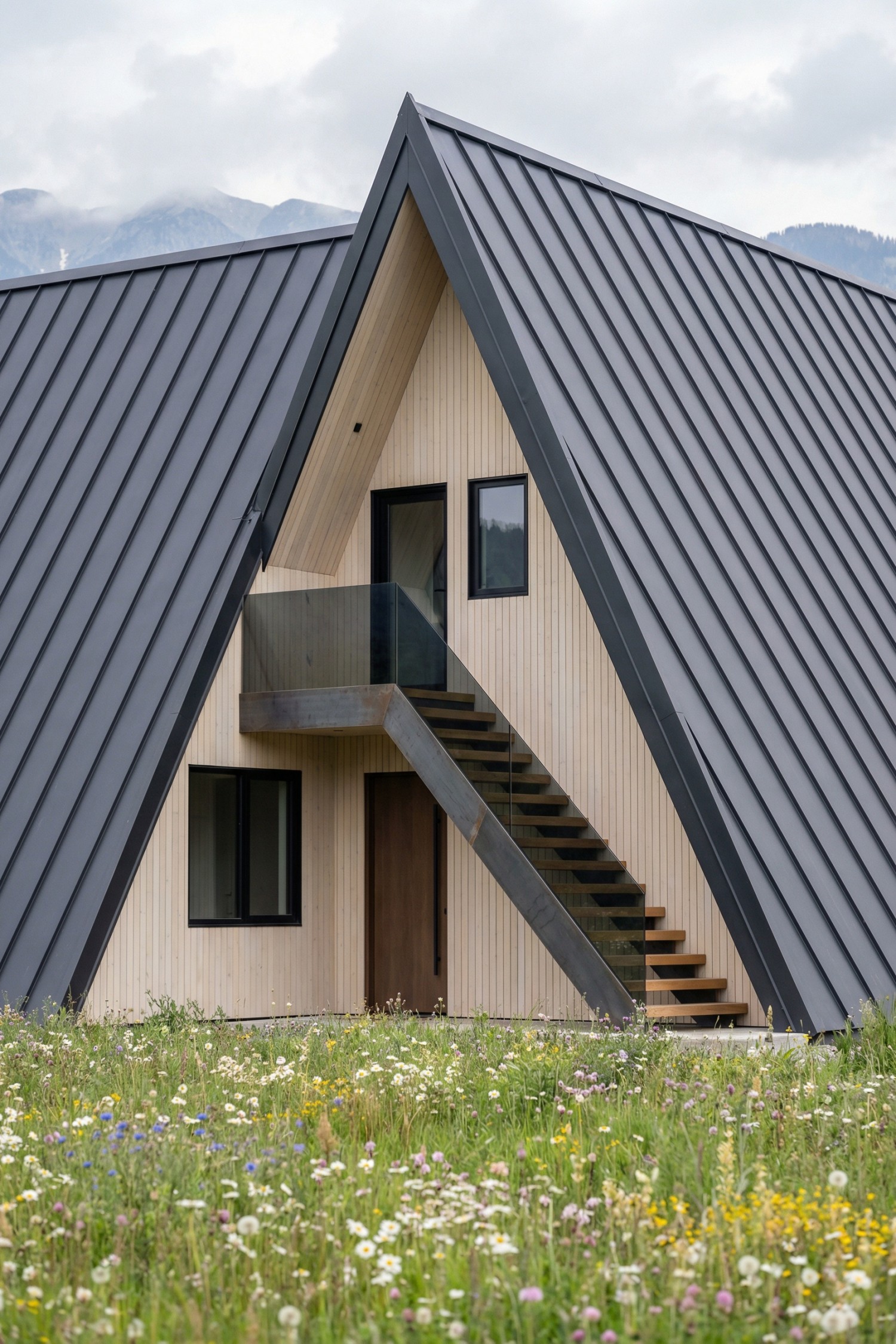 Exterior metal and glass stair on modern A-frame home