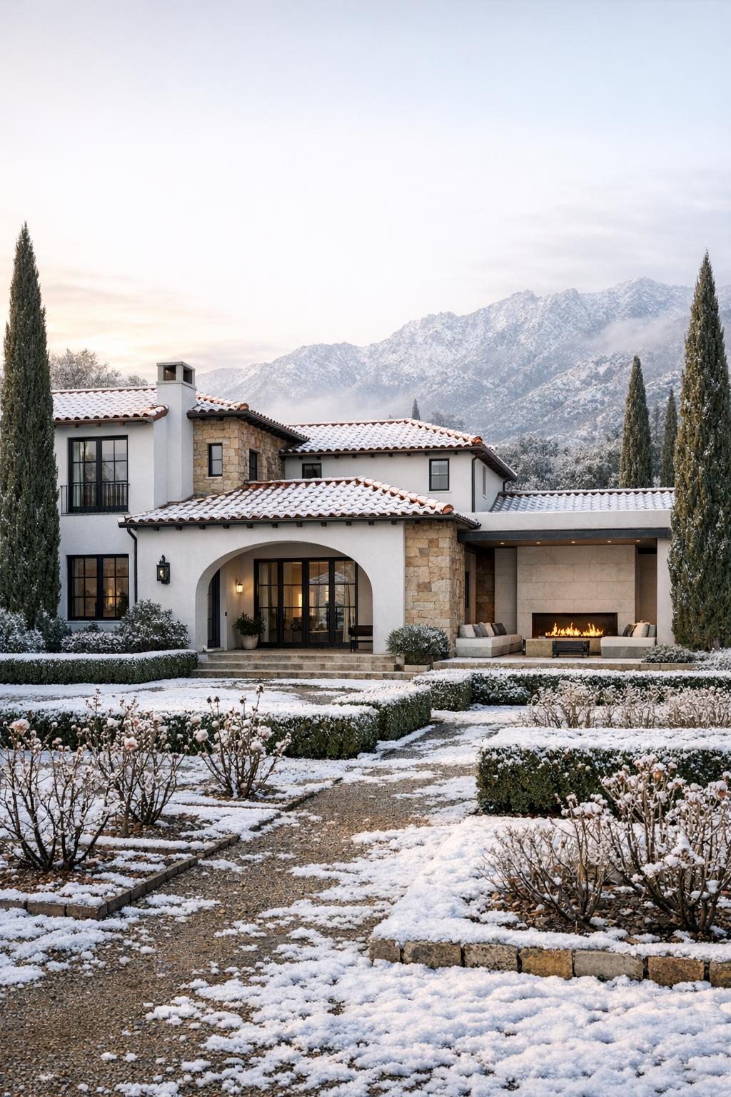 Snowy Spanish style villa with landscaped garden and outdoor fireplace