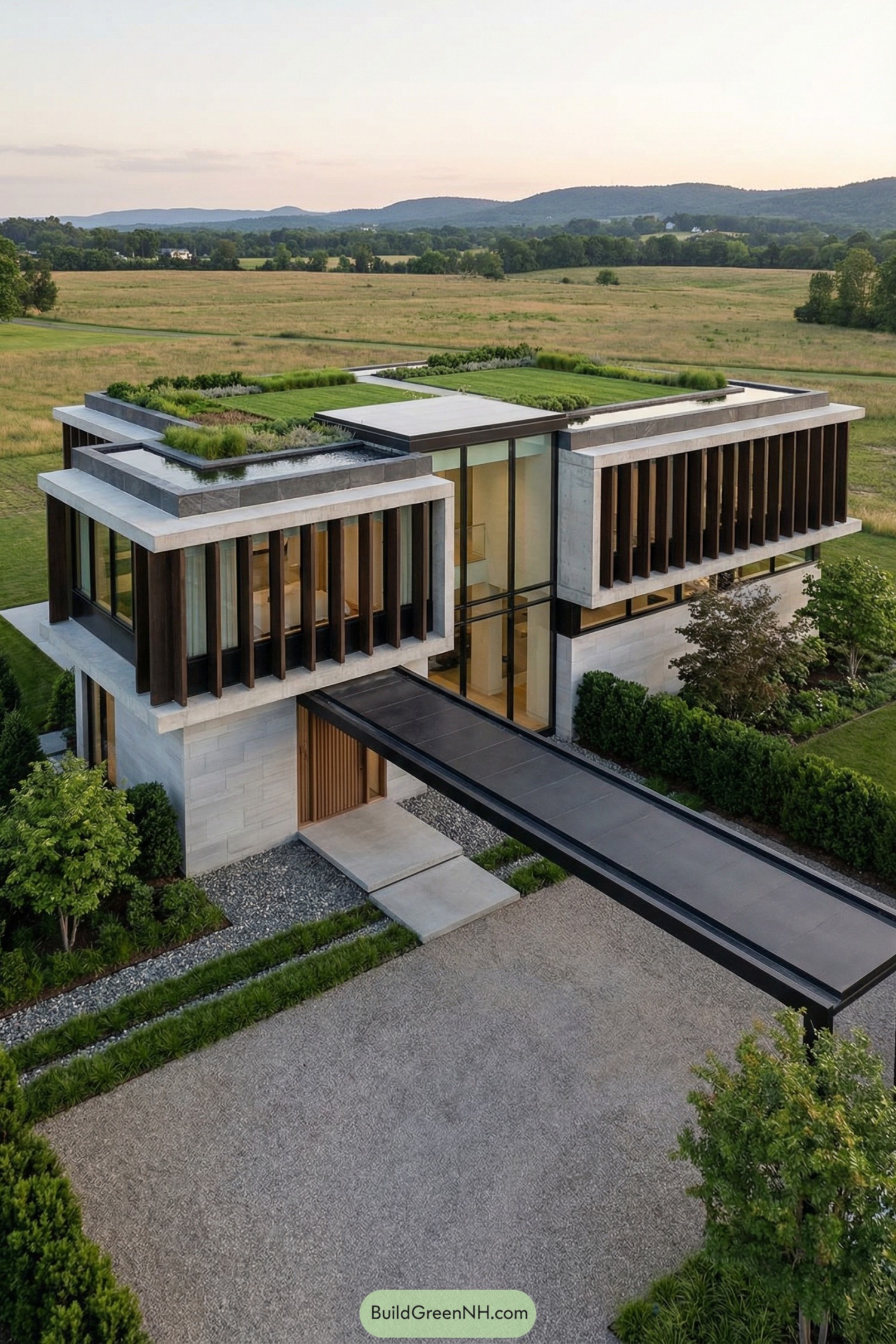 Modern country house with layered green roofs