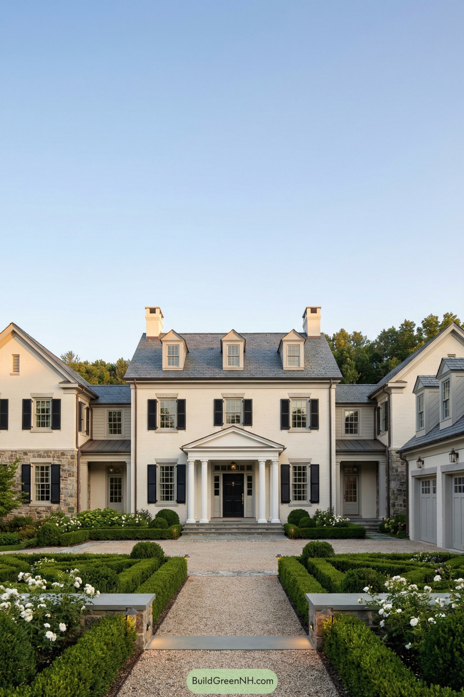 Elegant white colonial estate with symmetrical wings and manicured courtyard