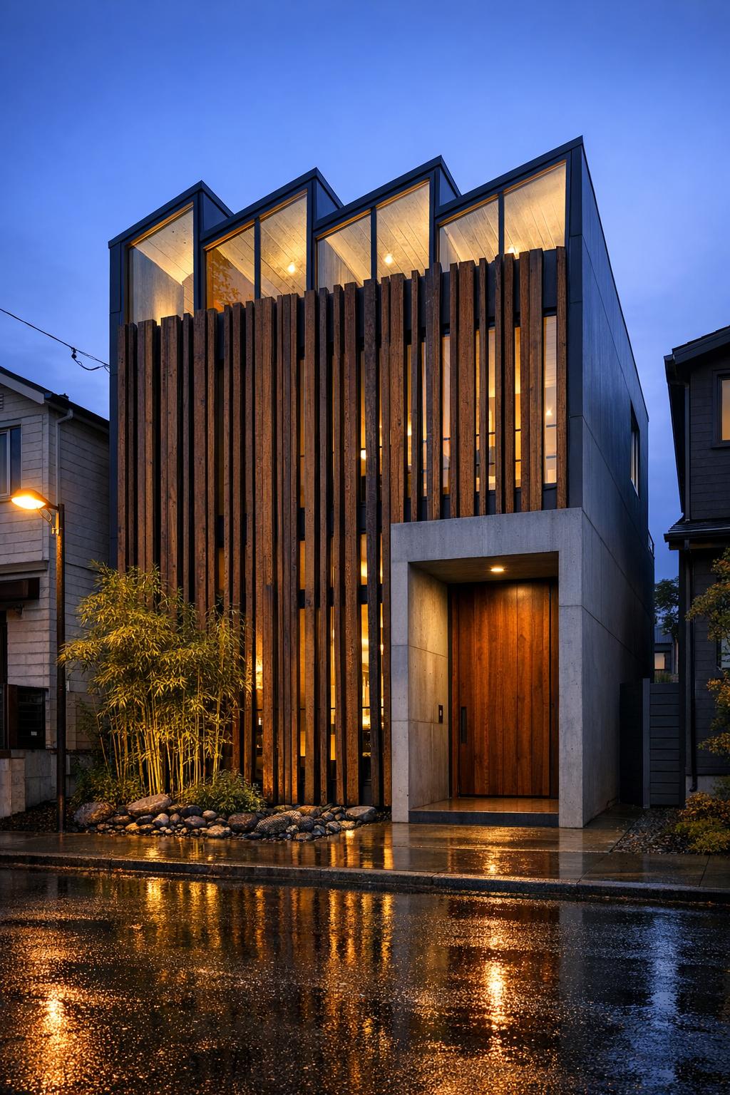 Modern townhouse with vertical rustic wood slats and large glass windows glowing at dusk