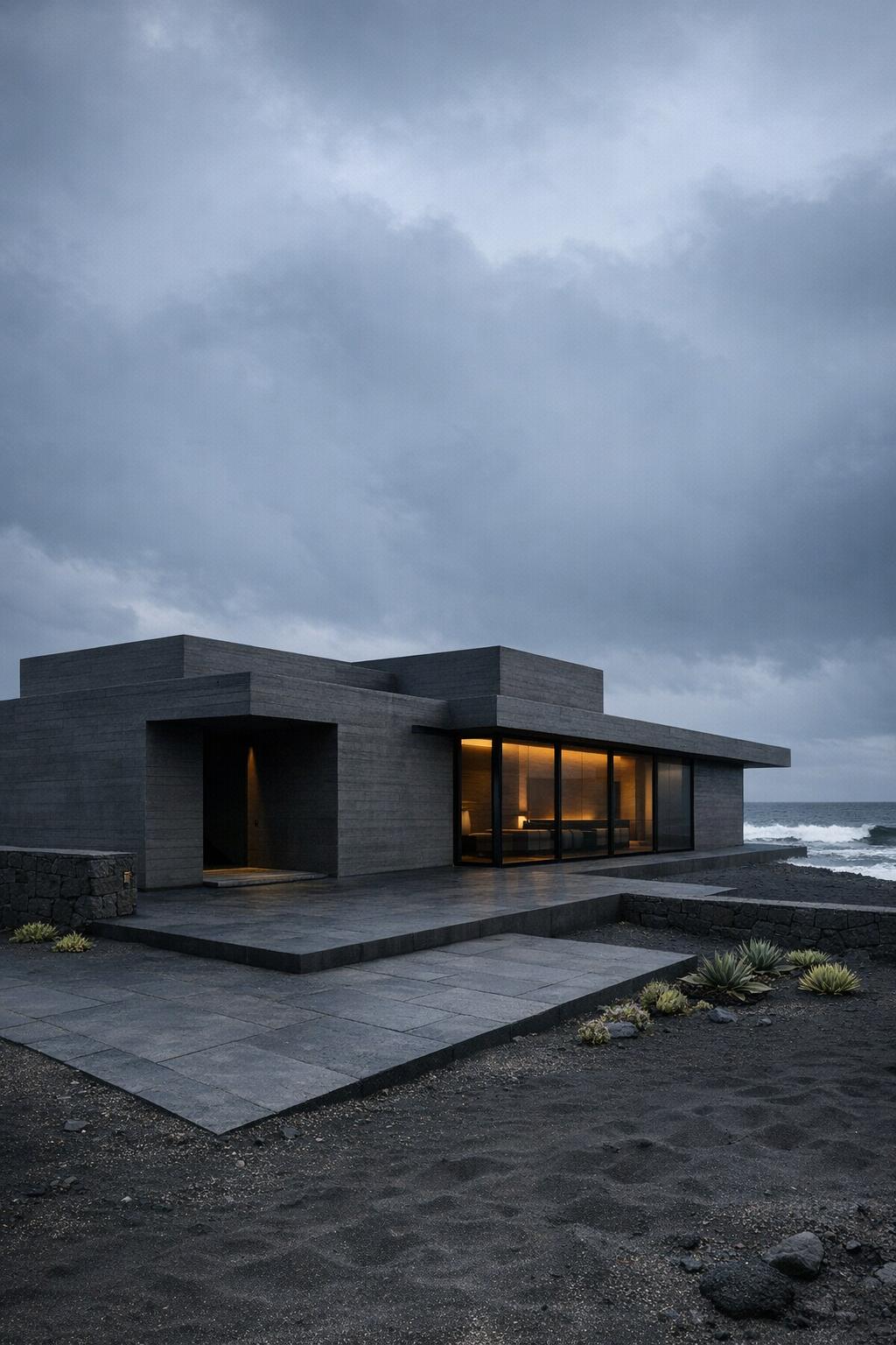 Minimalist concrete beach house with warm interior glow