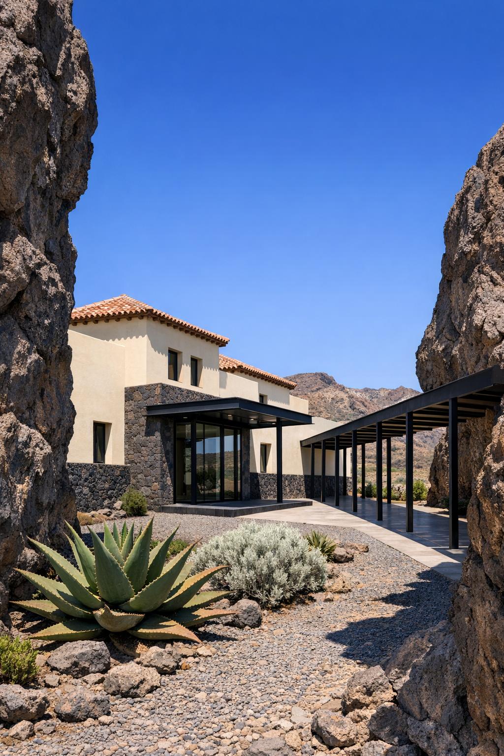 Modern villa with lava stone base, glass entry, and desert style garden