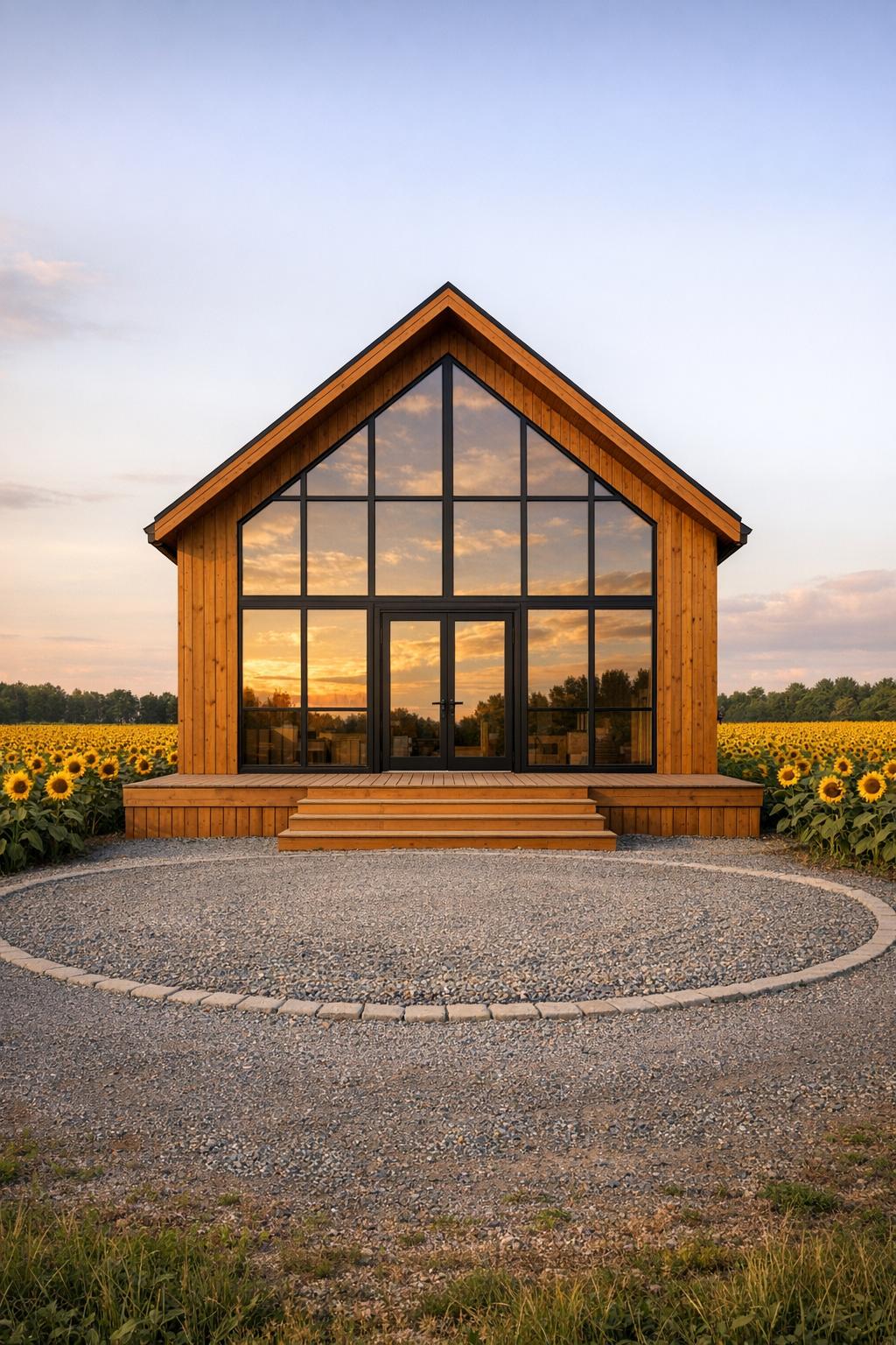 Modern timber cabin with full-height glass facade facing a sunflower field at sunset