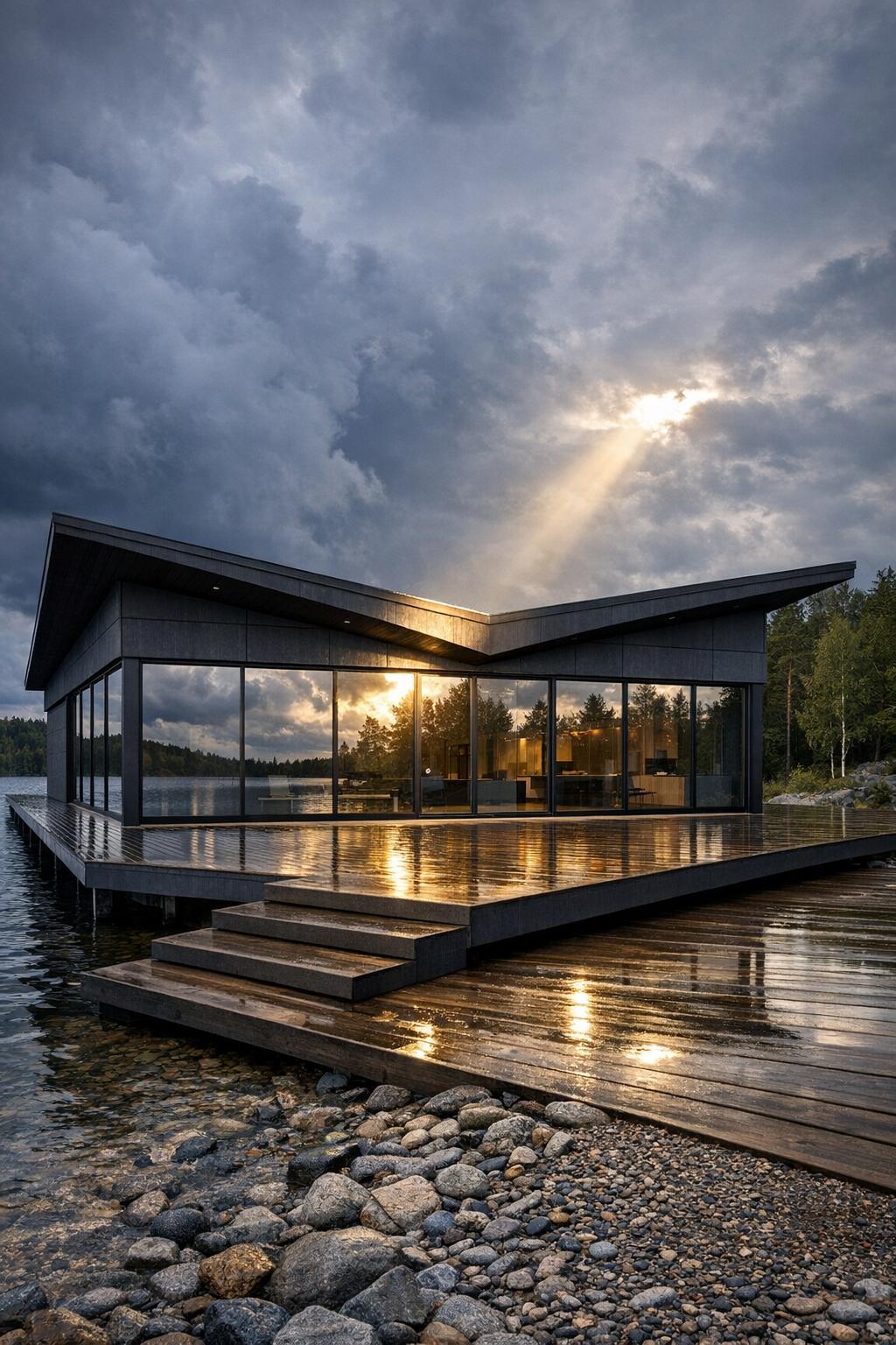 Modern glass cabin on a lakeside deck at sunset