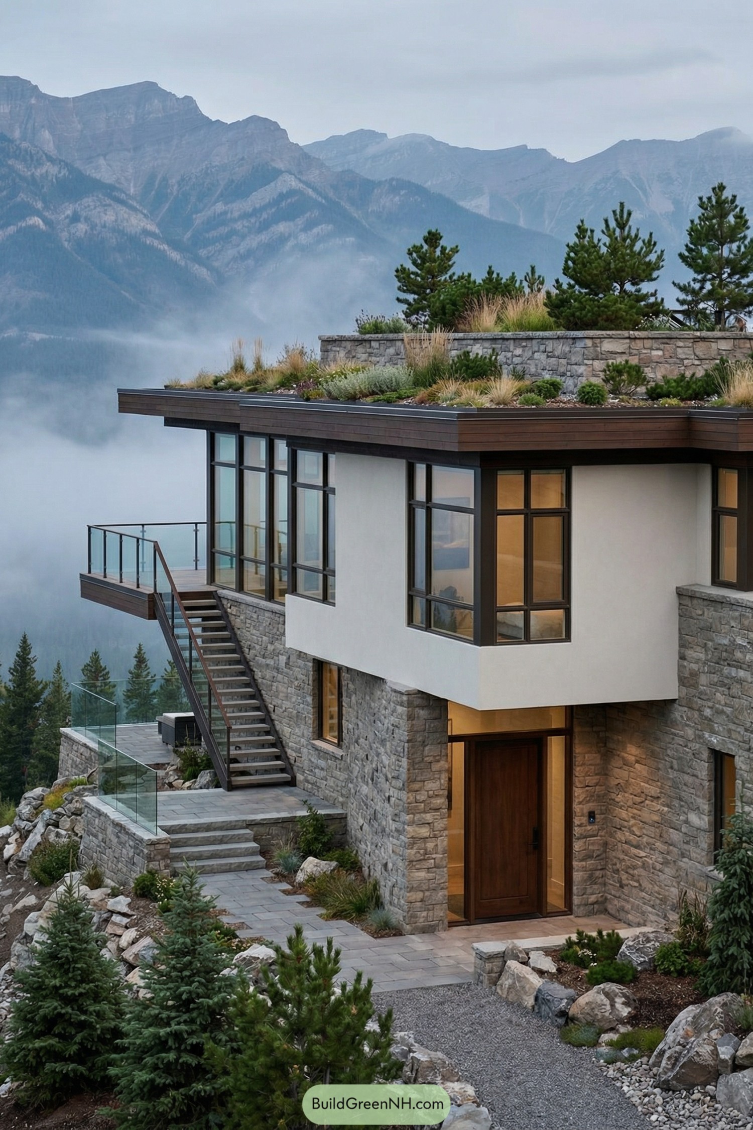 Modern stone house with terraced roof garden in the mountains