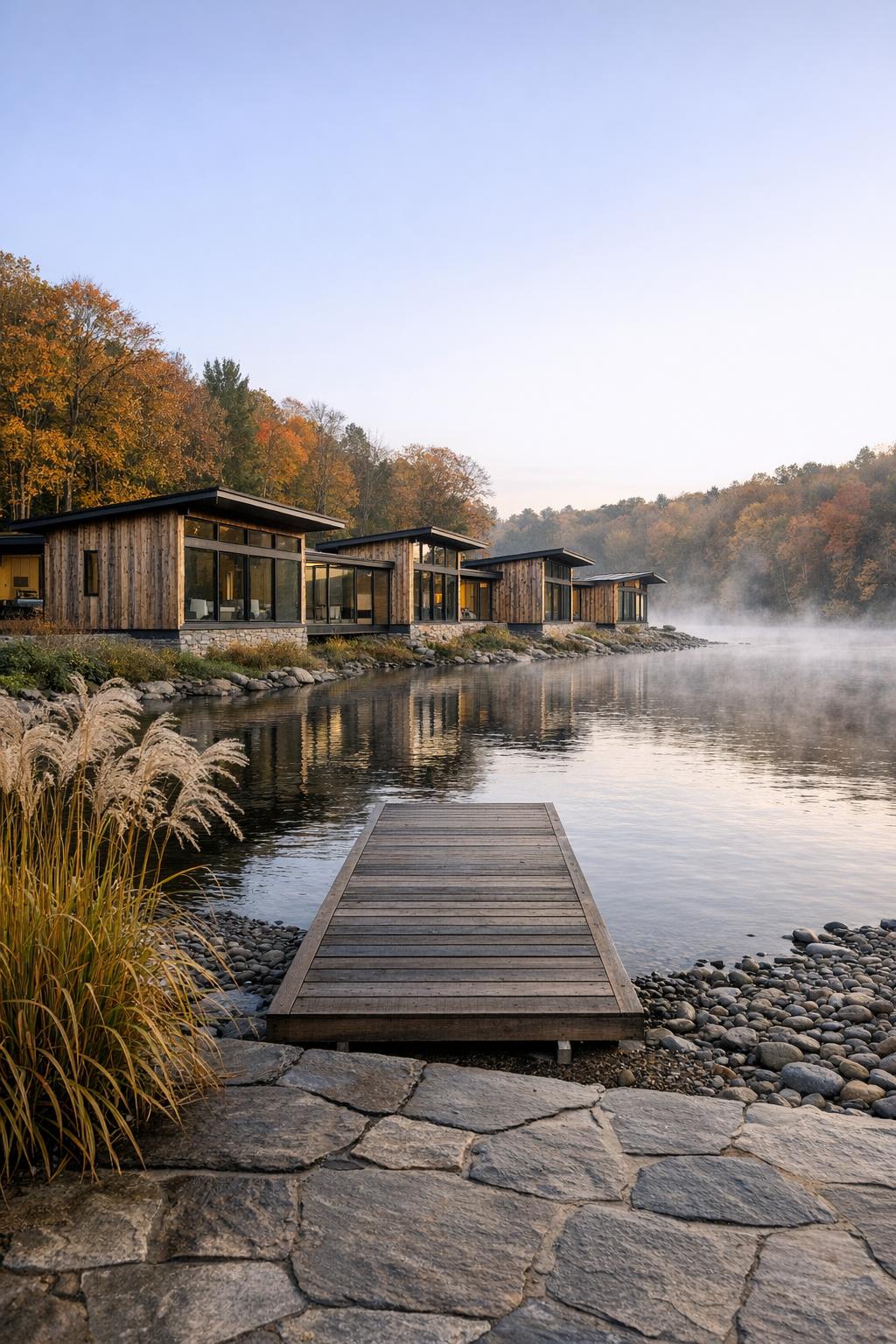 Modern wood cabins lined along a calm lakeshore with a small dock in the foreground