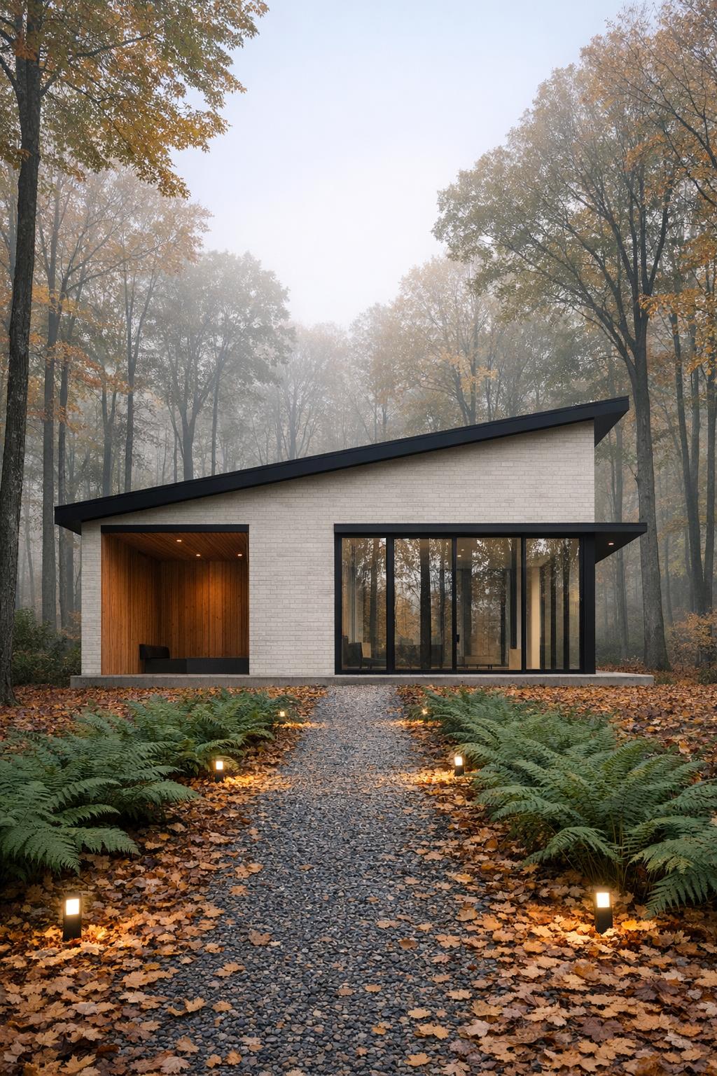 A fully shown minimalist modern house in a deciduous forest clearing a clean gabled silhouette reinterpreted with minimalist flat planes a shallow