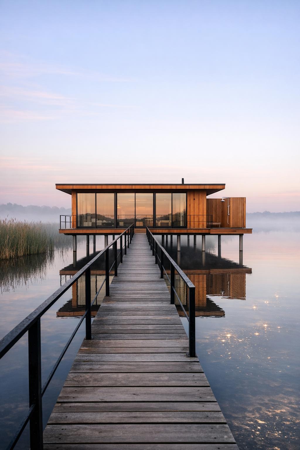 Modern timber cabin on stilts over calm lake, reached by a straight wooden walkway