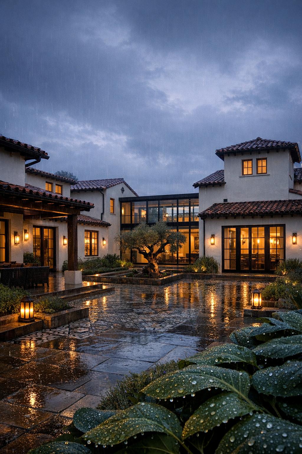 Modern Spanish villa courtyard glowing in rain
