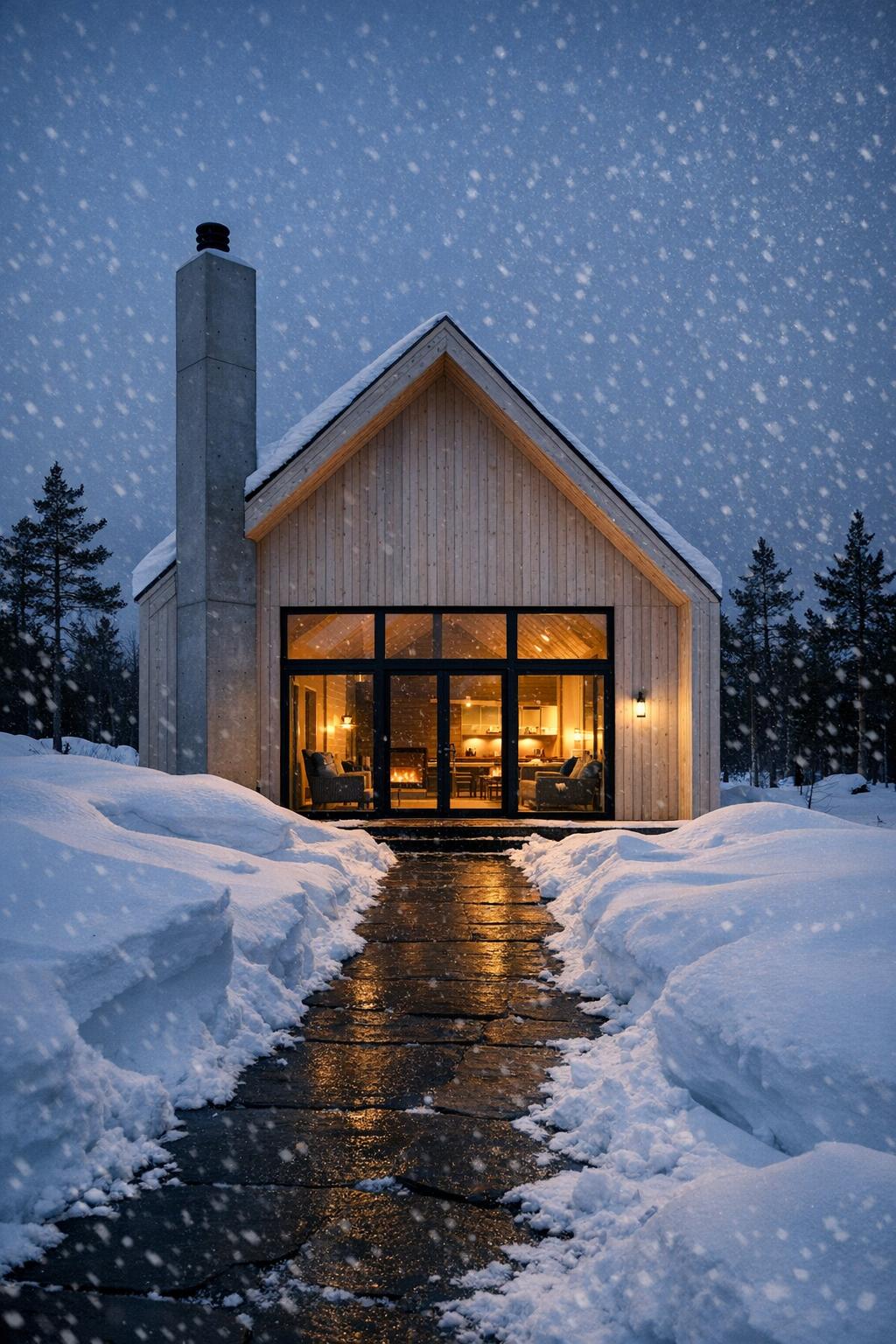 Modern wood cabin with glass front glowing warmly in falling snow