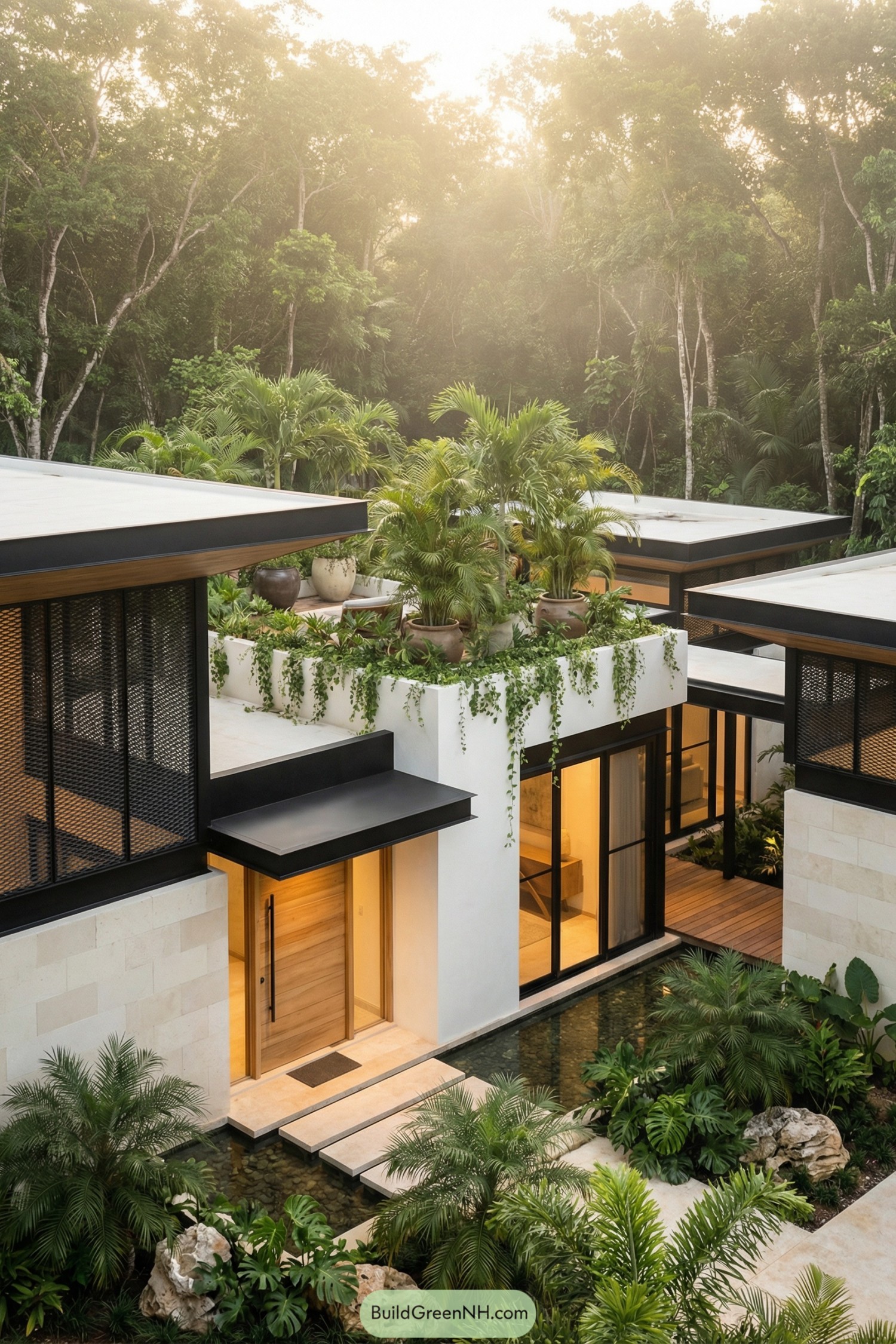 Modern white house with lush rooftop garden and courtyard pond surrounded by dense forest