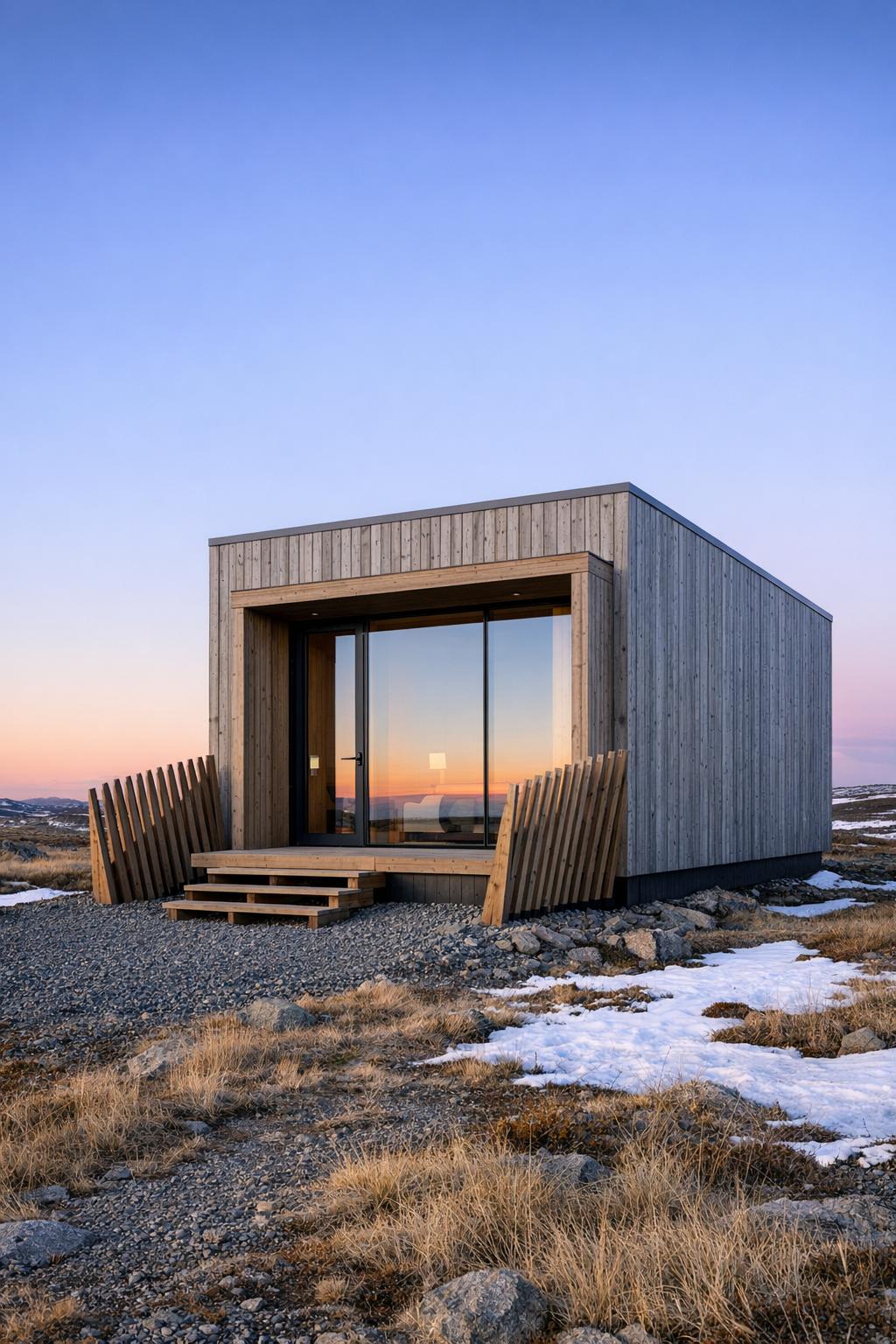 Compact timber cabin with large glass front on rocky snowy landscape at sunset