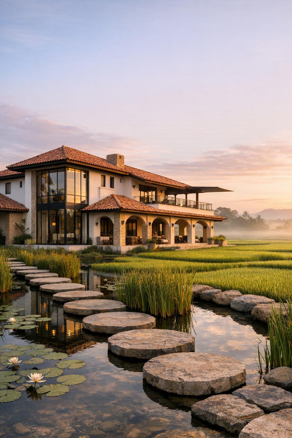 Spanish style villa with arched terraces beside a lily pond and stone stepping path at sunset