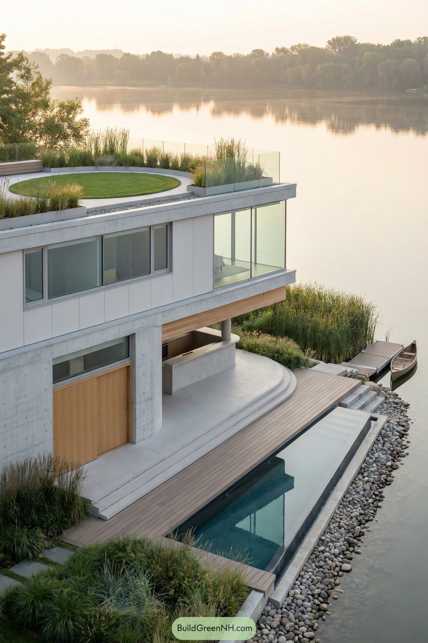 Modern waterfront house with circular green roof and poolside deck