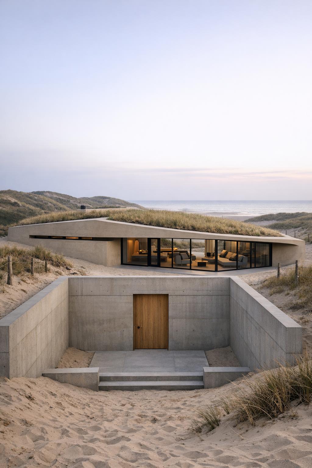 Minimalist concrete beach house nestled in coastal dunes
