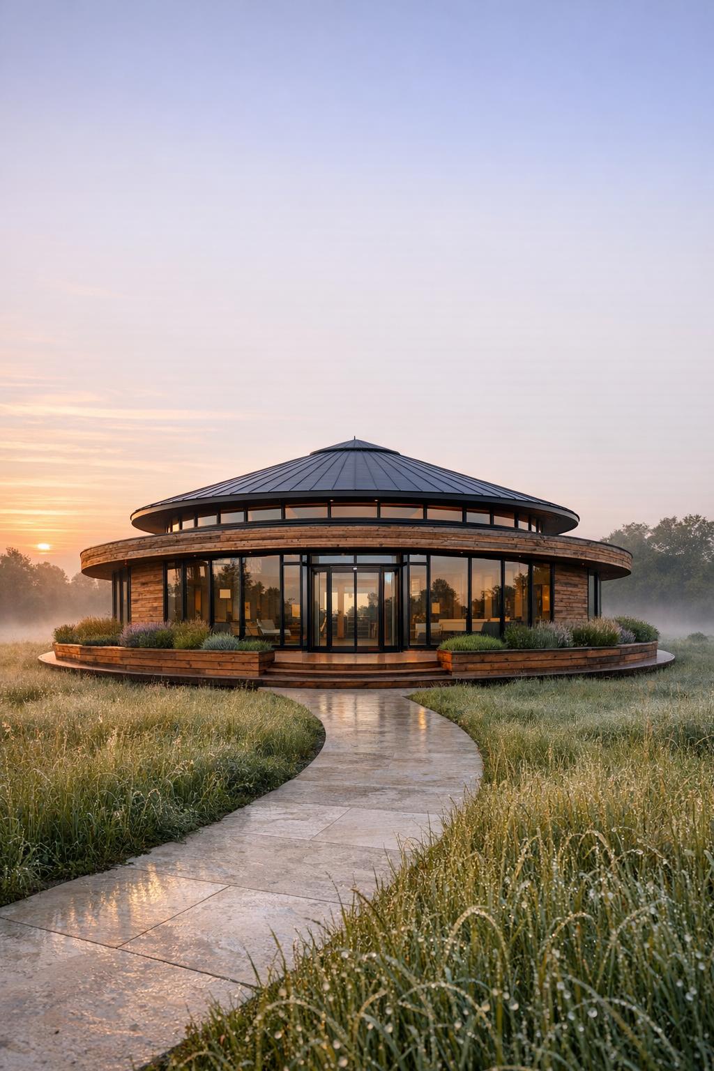 Round wood and glass house at sunrise