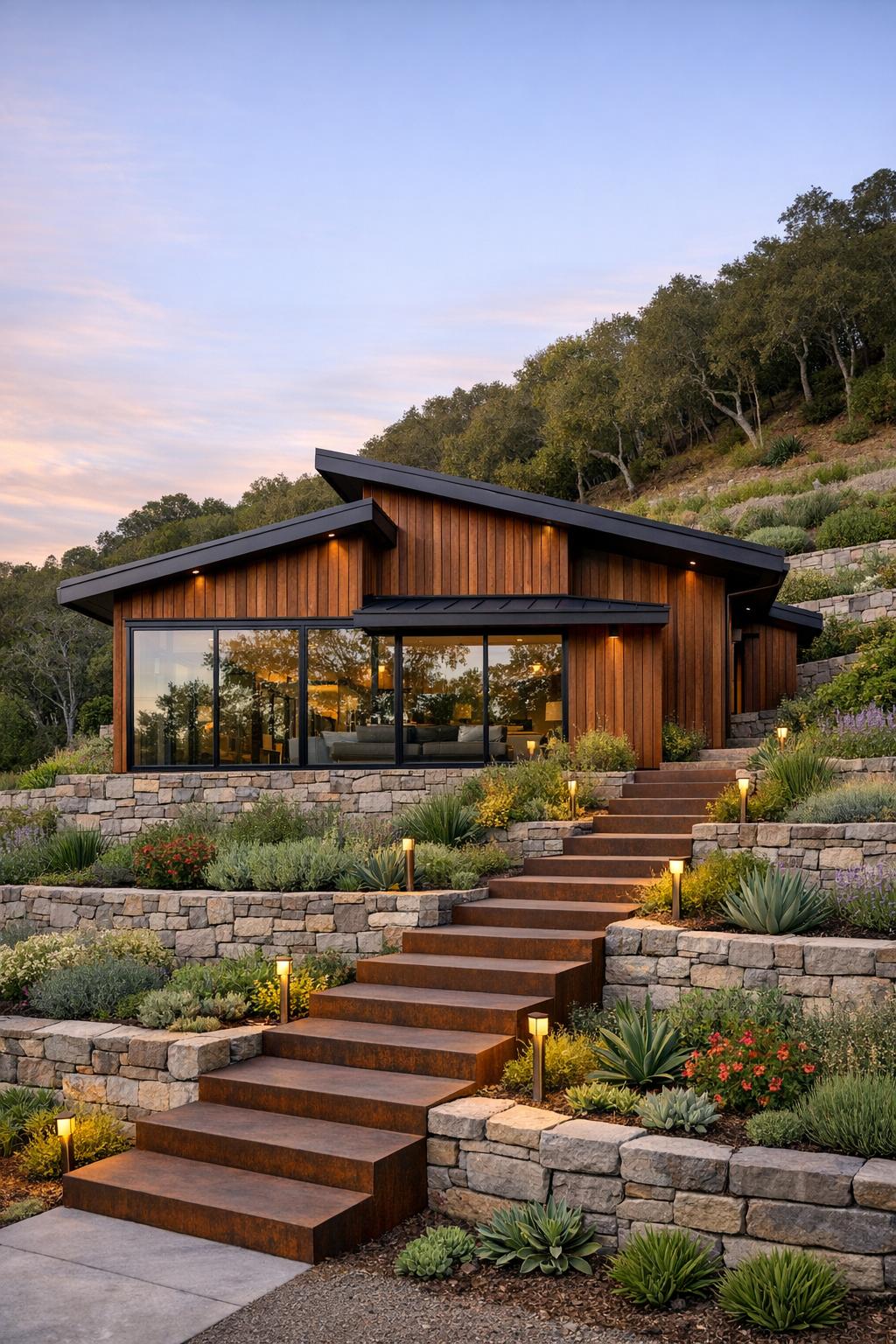Modern timber cabin with large glass front on landscaped terraced hillside at sunset
