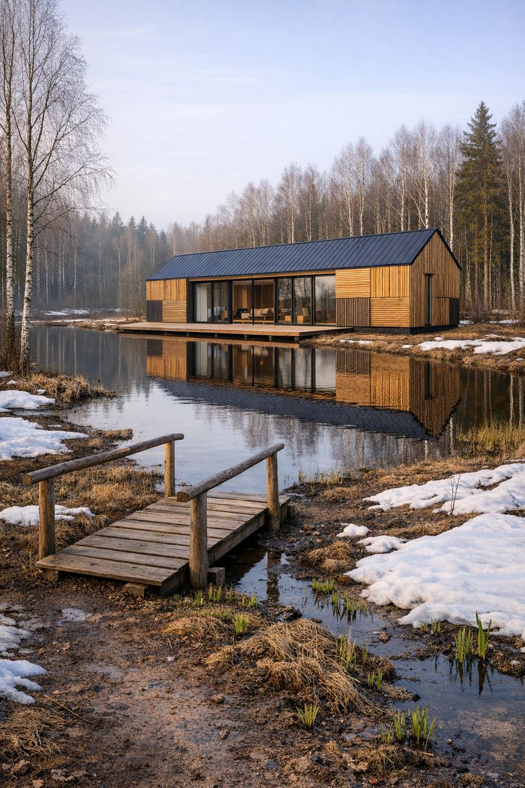 Modern wood cabin with dark roof reflected in a calm pond beside melting snow and bare trees