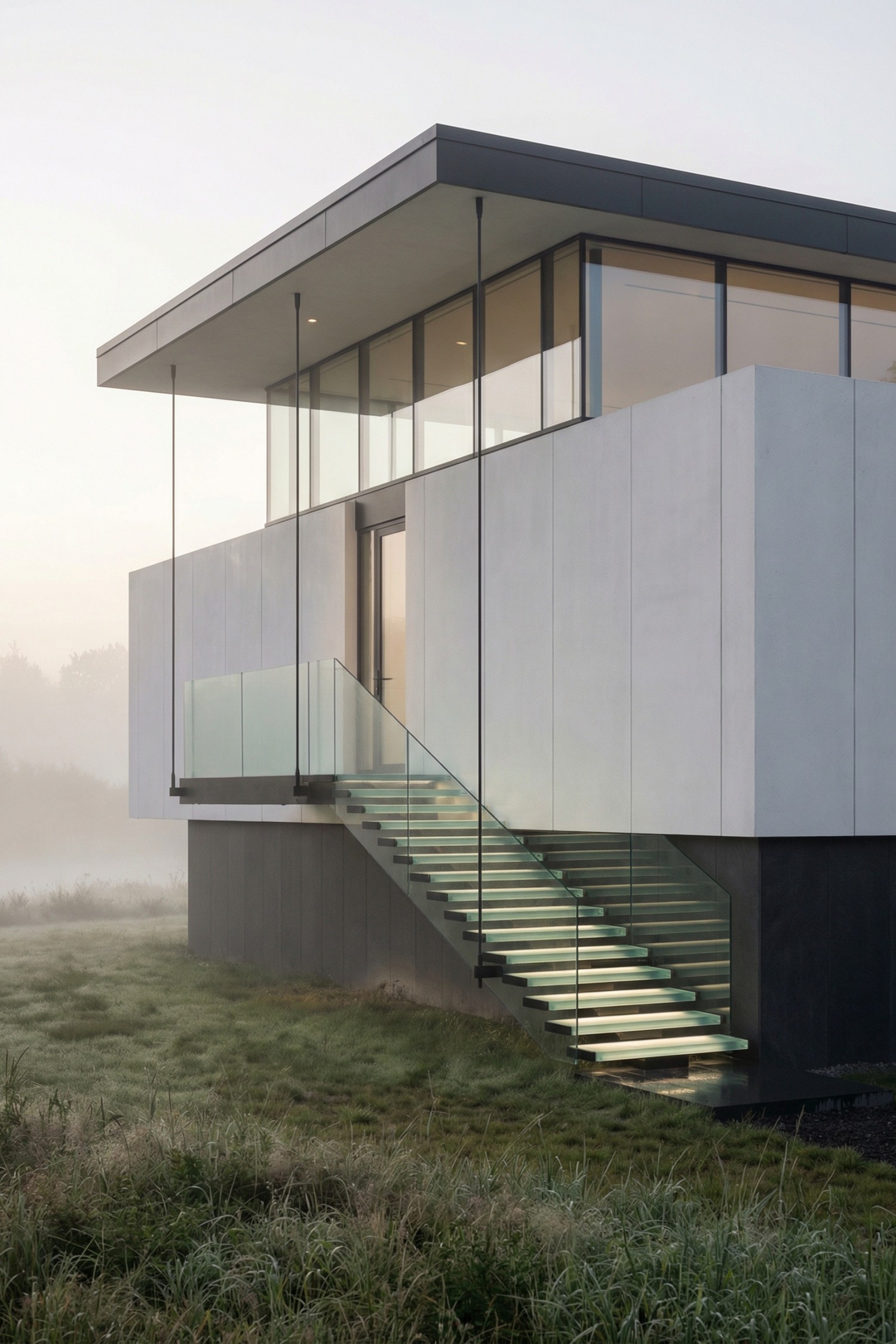 Modern house with long exterior glass staircase and glass railings