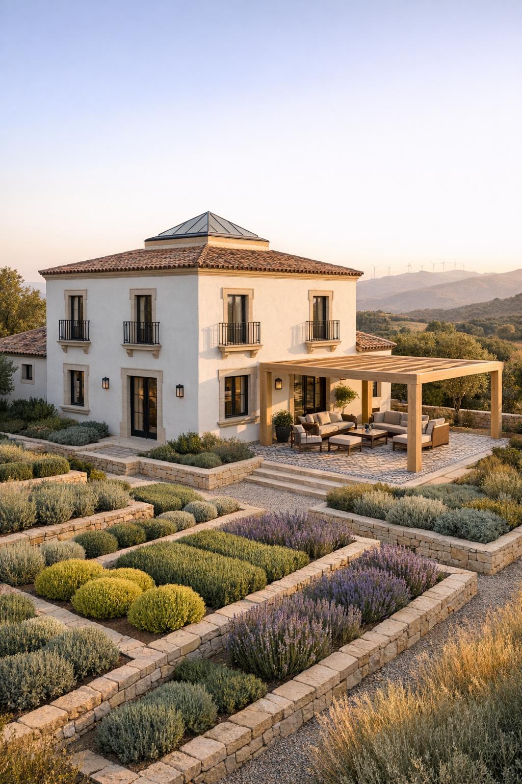 Cream stucco villa with pergola and terraced lavender gardens in a hilly landscape
