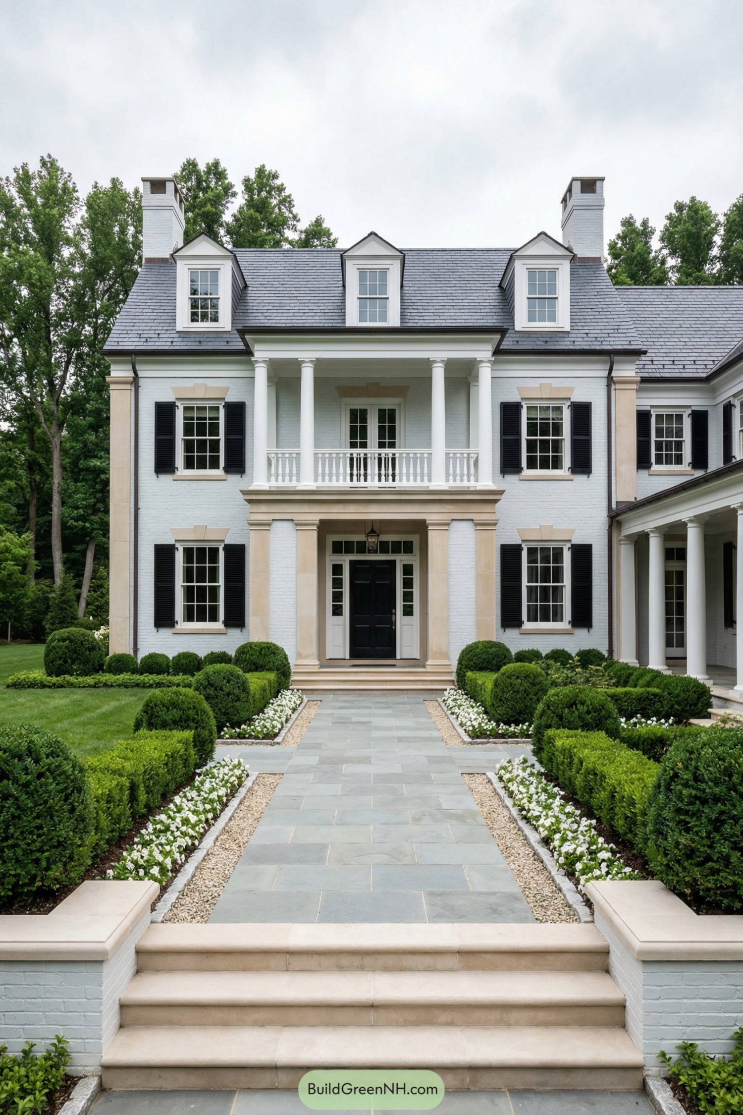 Grand white brick colonial home with black shutters, columned two story portico, and manicured front garden