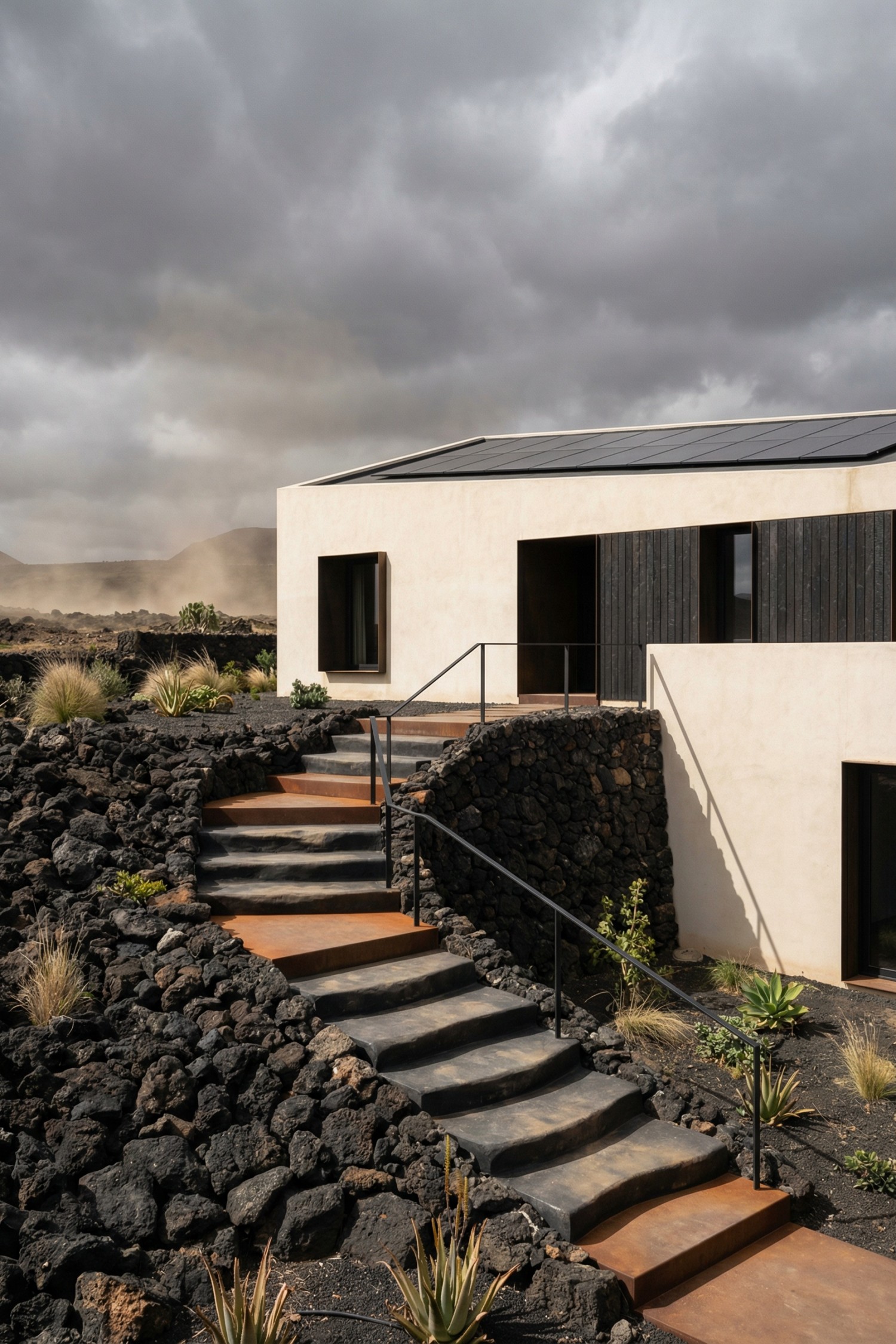 Curved concrete stairway winding through dark volcanic rock to a minimalist house entry