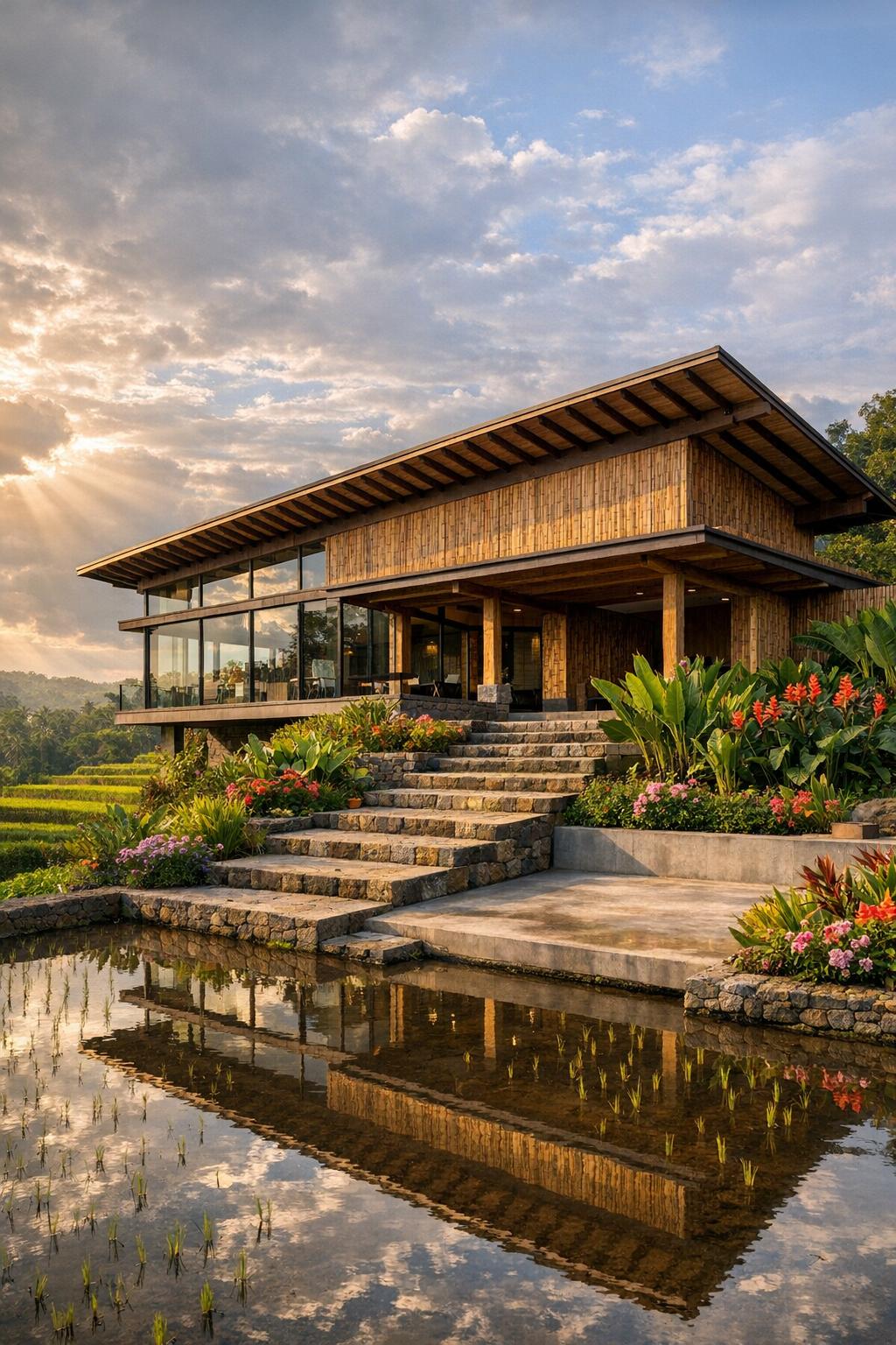 Modern wood and glass villa beside a reflecting pool and tropical garden