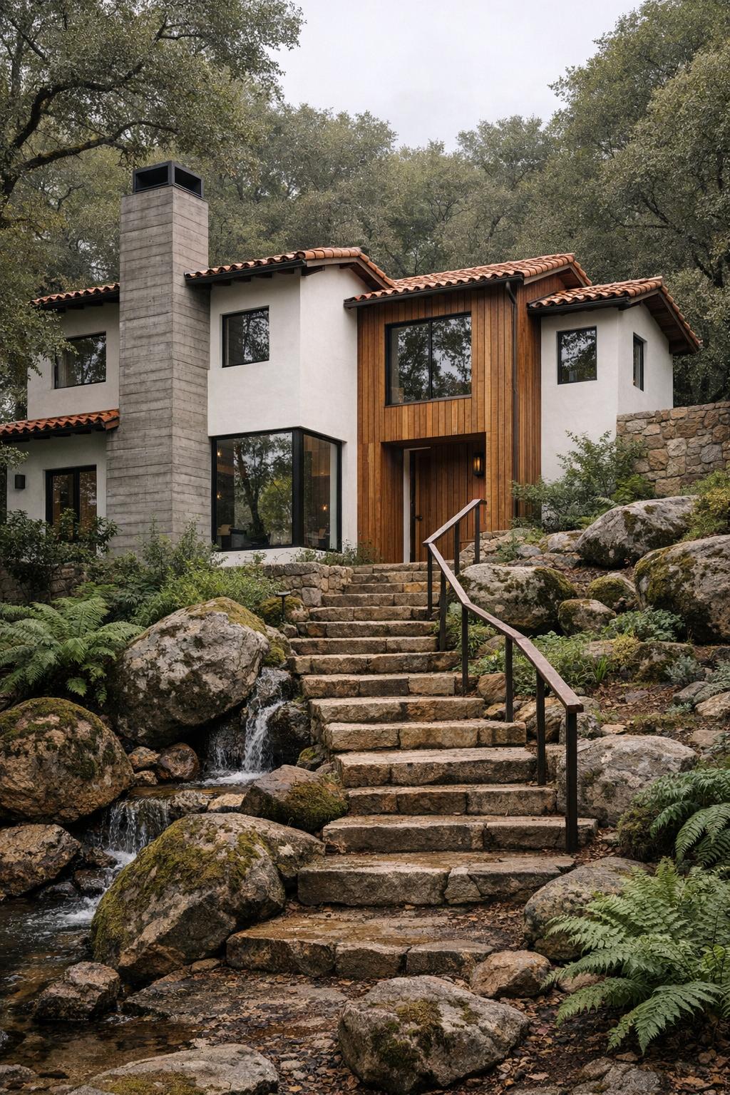 Modern Spanish villa with stone stairway, stream, and wooded garden