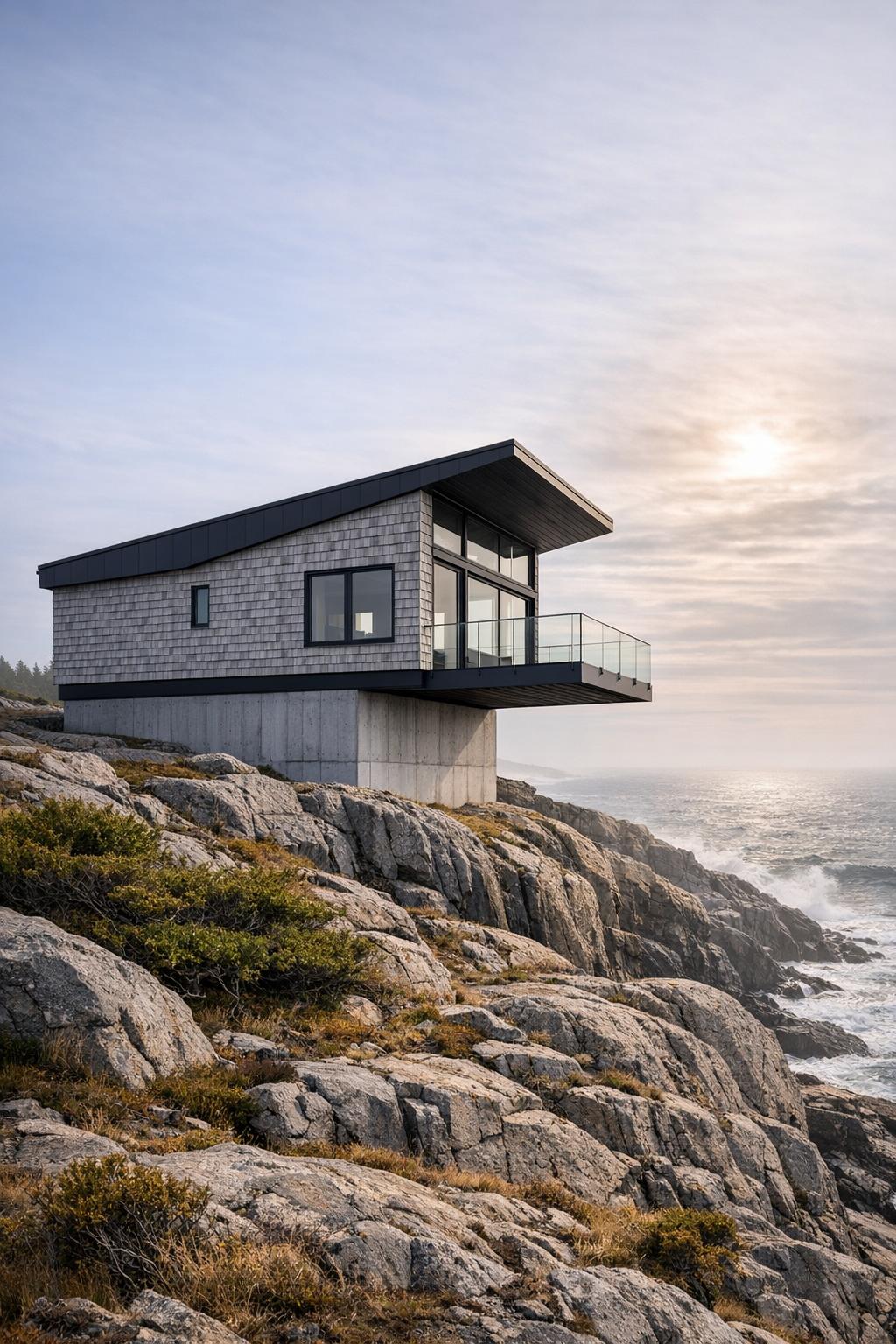 Modern cabin cantilevered over rocky coastline