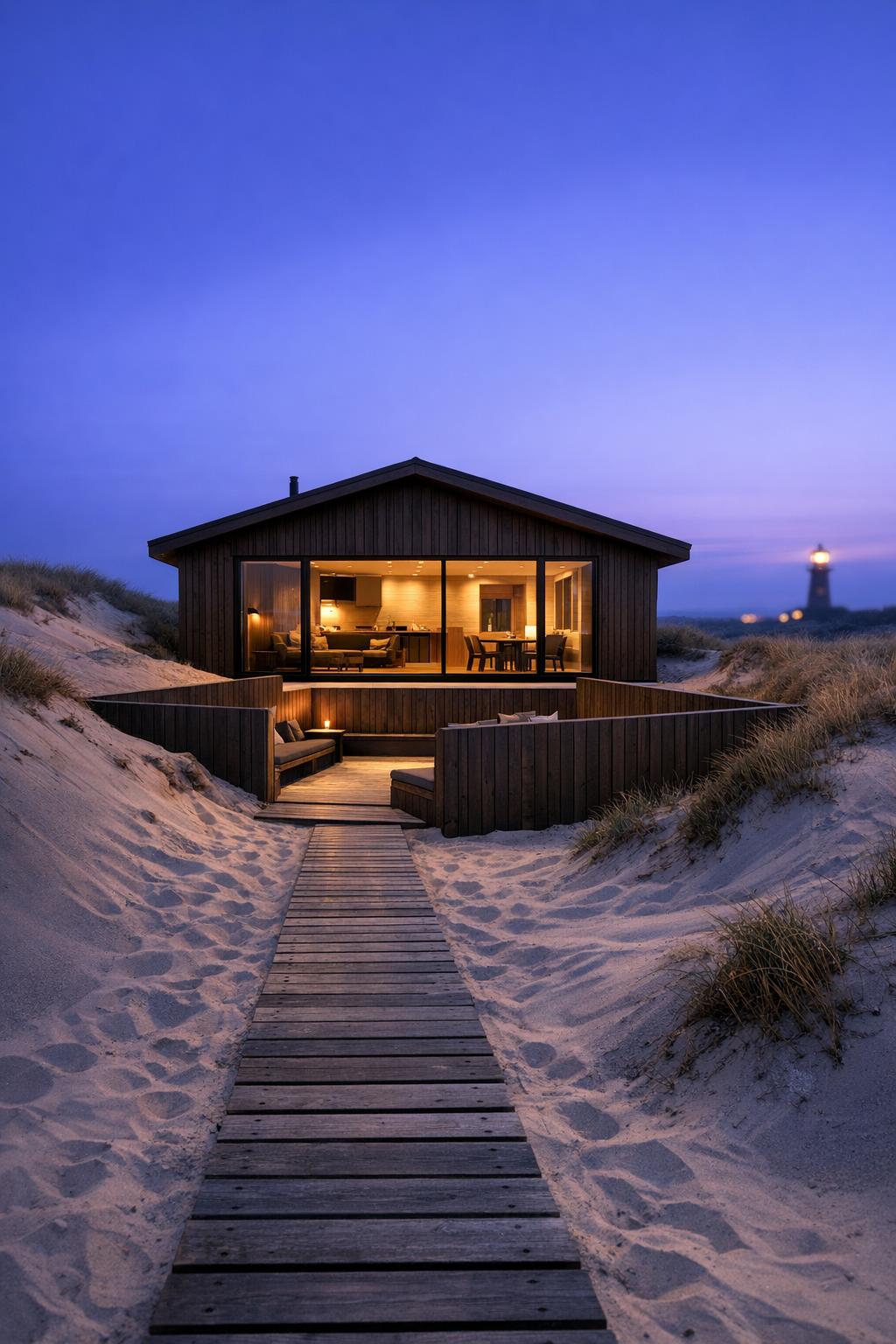 Cozy timber cabin with large windows set among sandy dunes at dusk