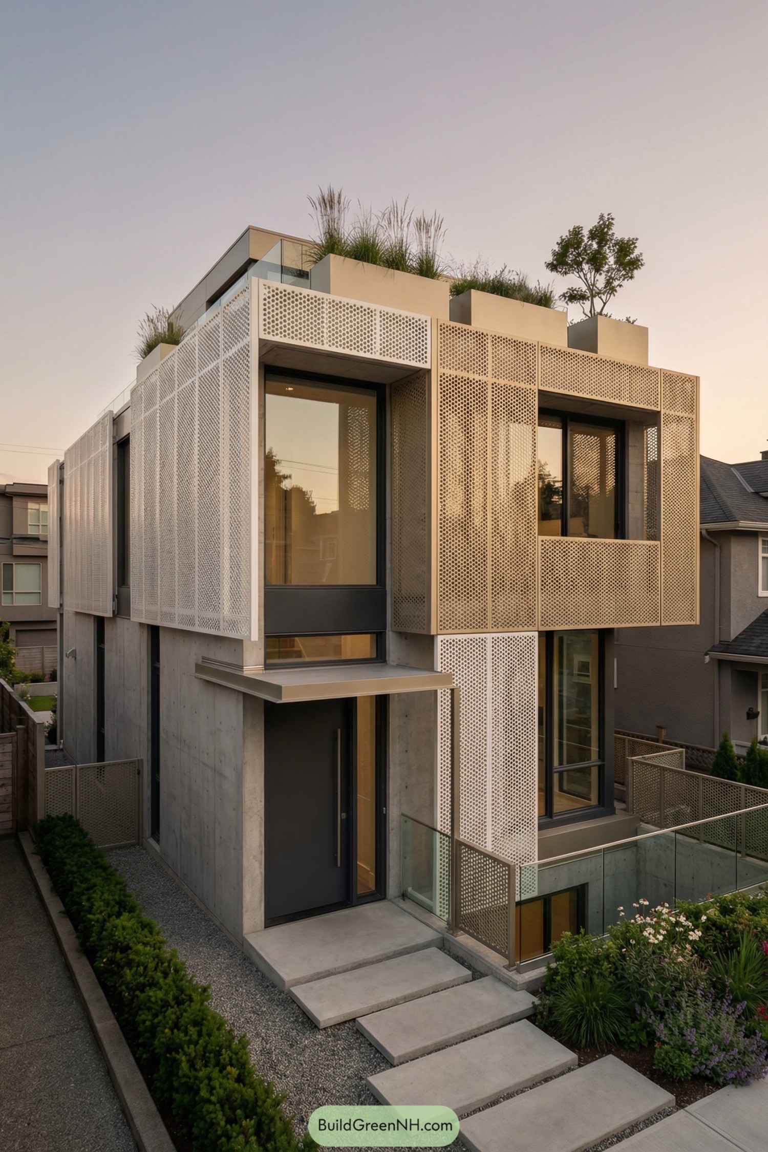 Modern concrete townhouse with perforated metal facade and lush roof planters
