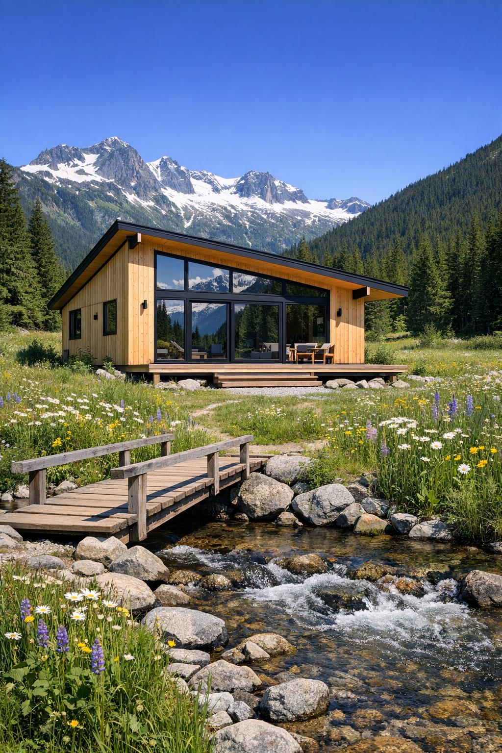 Modern wooden cabin with full glass front facing mountains and a small creek with footbridge